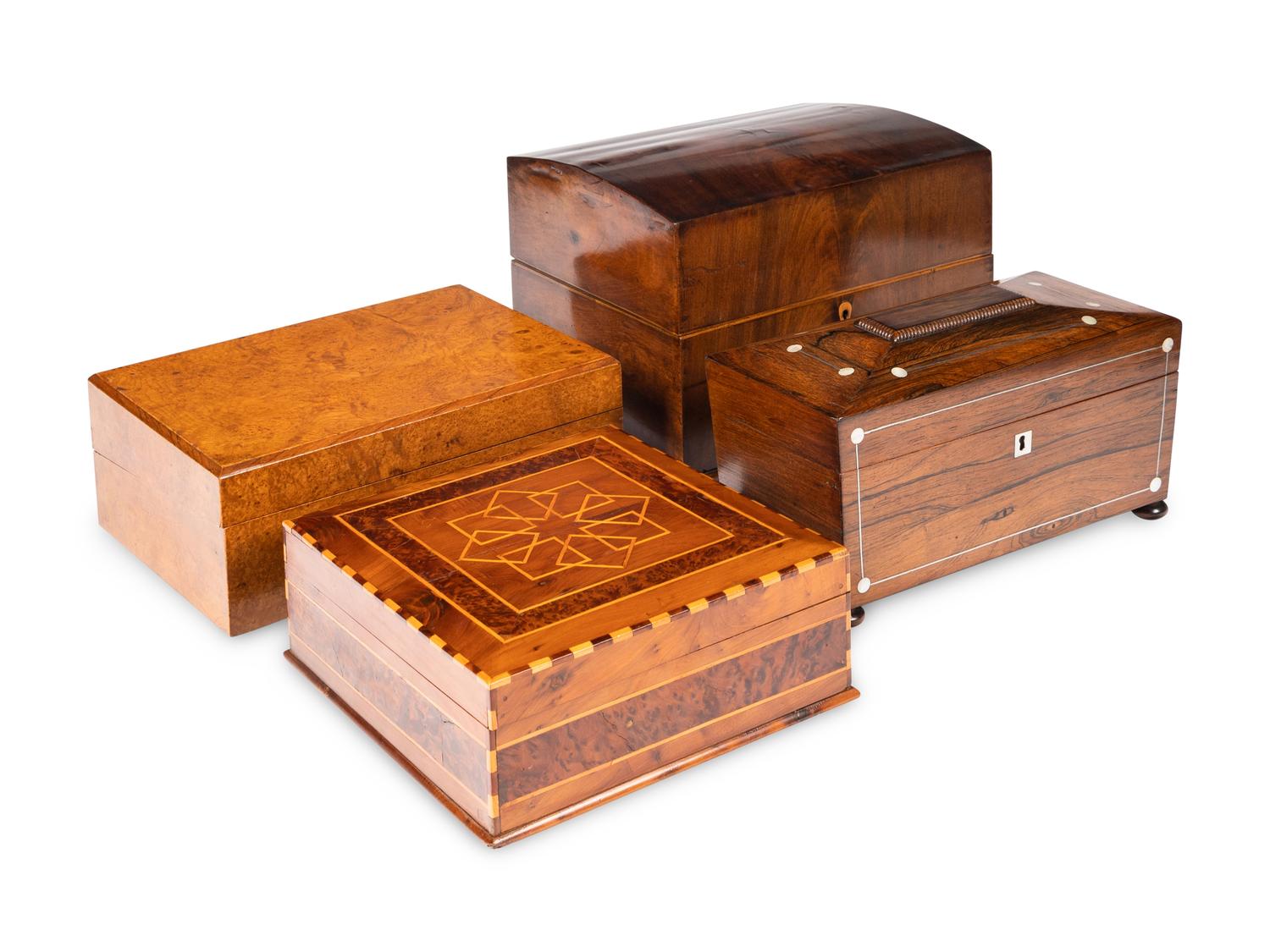 Four English Walnut, Burlwood and Mahogany Boxes