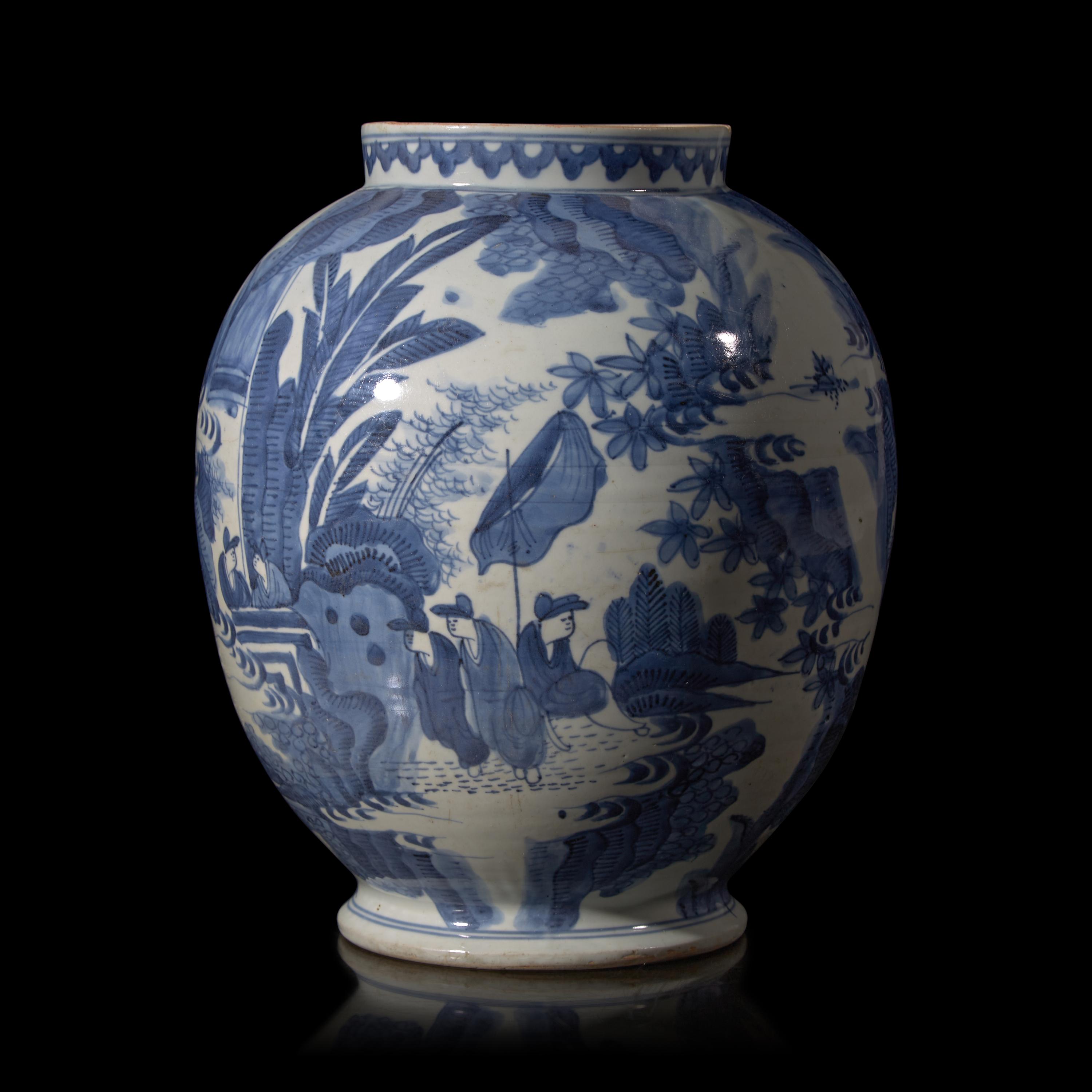 A Japanese Blue and White Porcelain Ovoid Jar, 17th Century