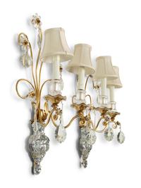 A Pair of French Gilt Metal and Glass Two-Light Floral Wall Sconces
