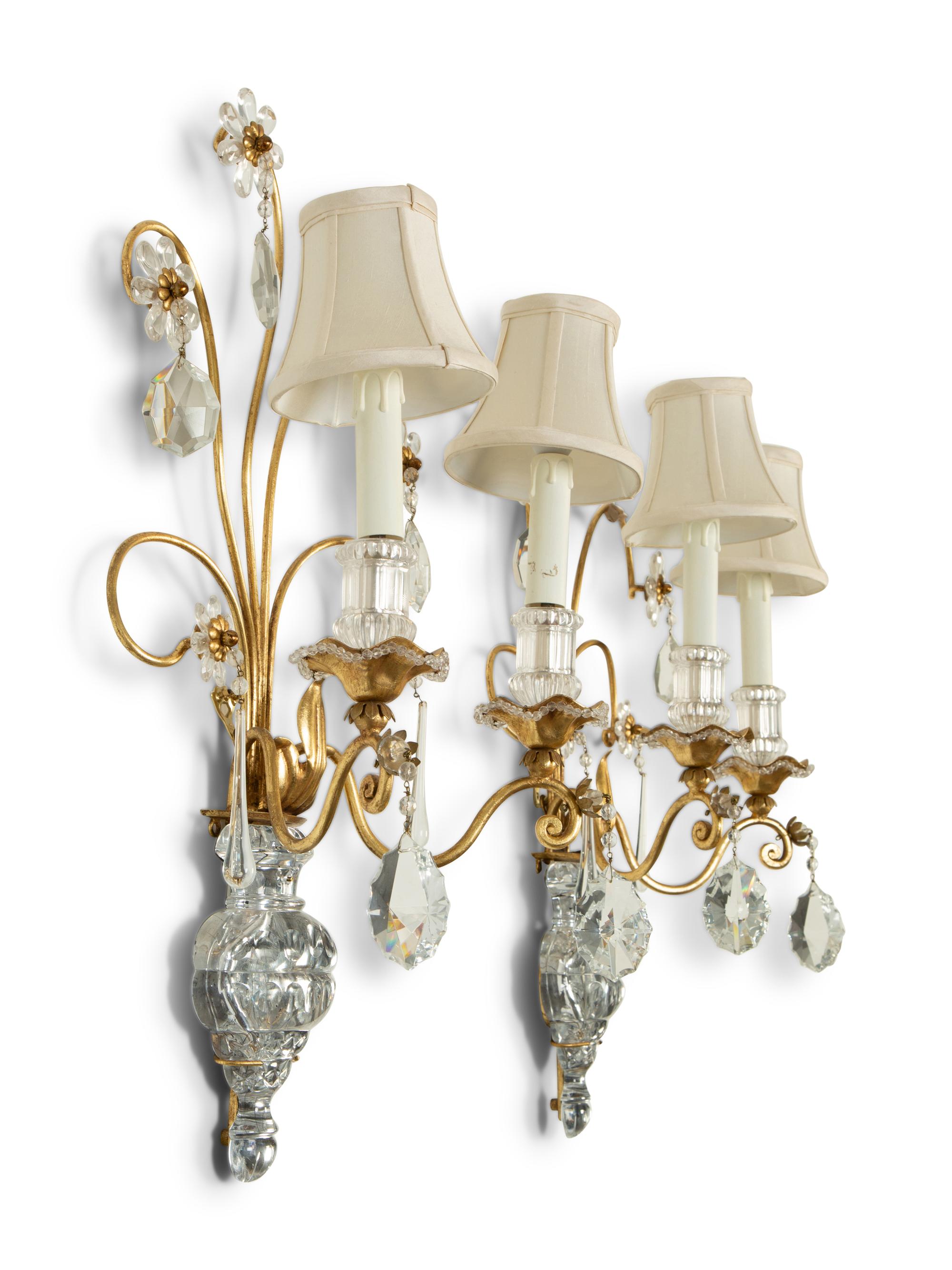 A Pair of French Gilt Metal and Glass Two-Light Floral Wall Sconces