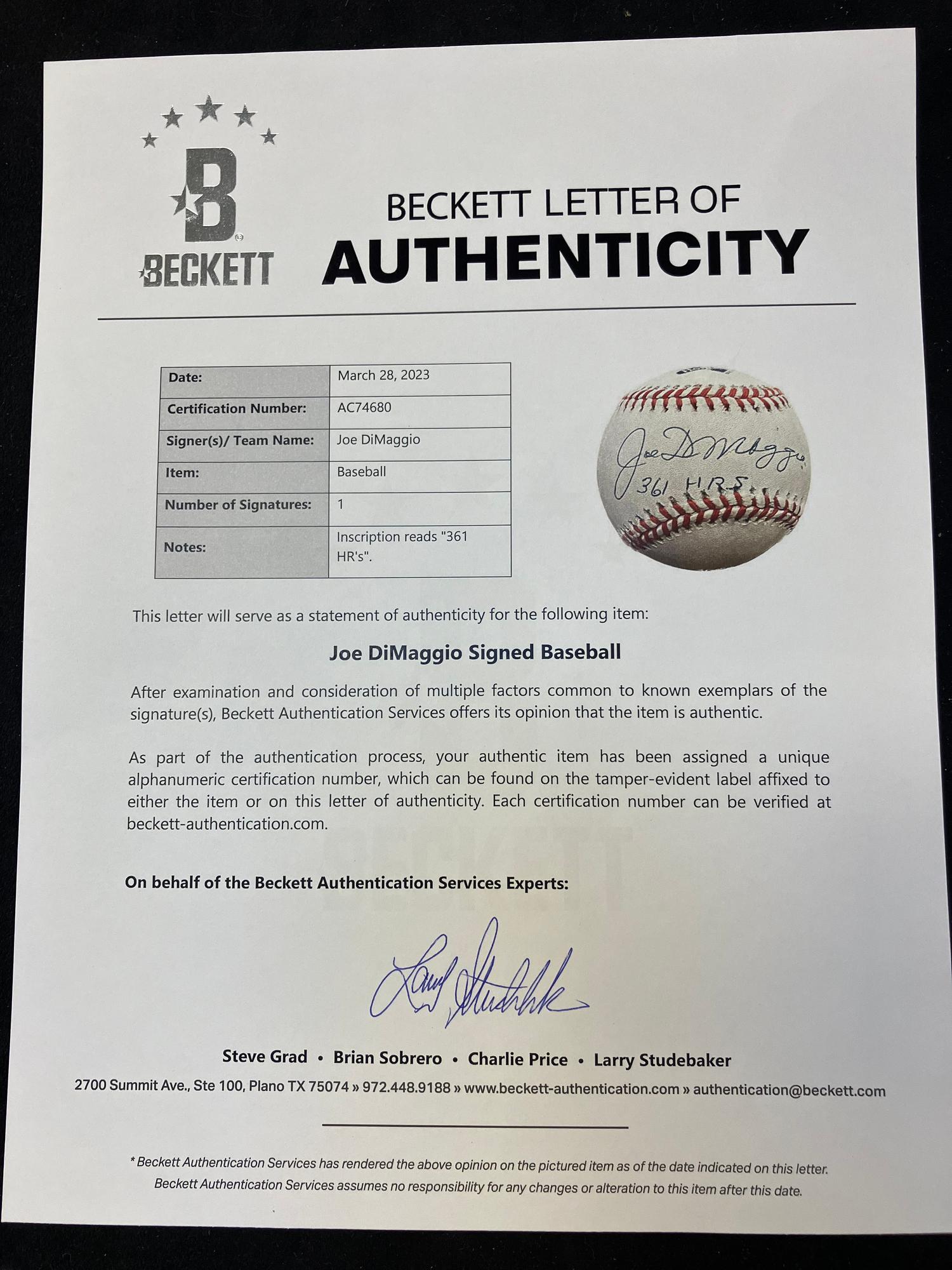 A Joe DiMaggio Single Signed Autograph Limited 361 Home Runs Inscribed Baseball (Beckett Authentication Services Letter),