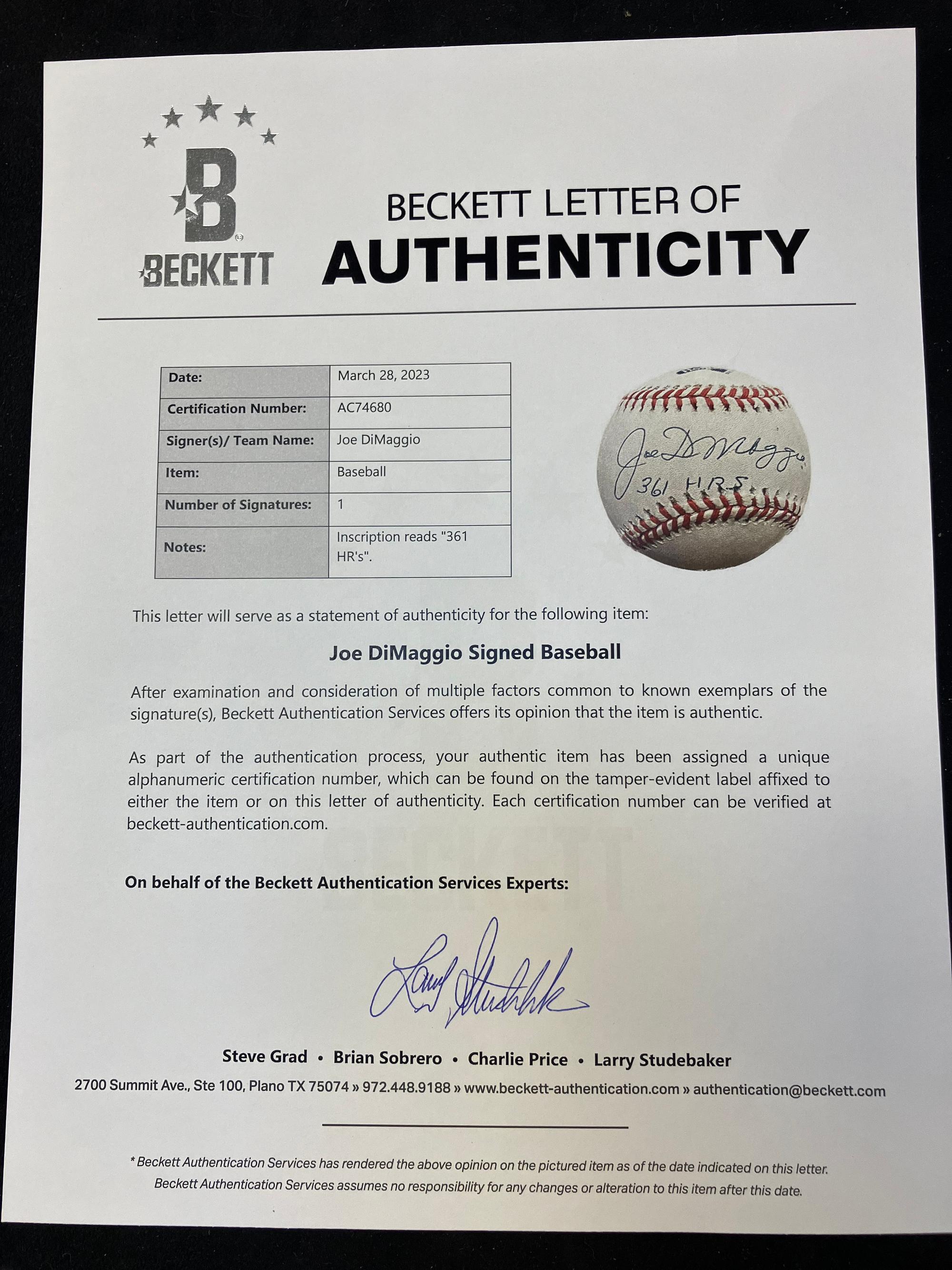 A Joe DiMaggio Single Signed Autograph Limited 361 Home Runs Inscribed Baseball (Beckett Authentication Services Letter),