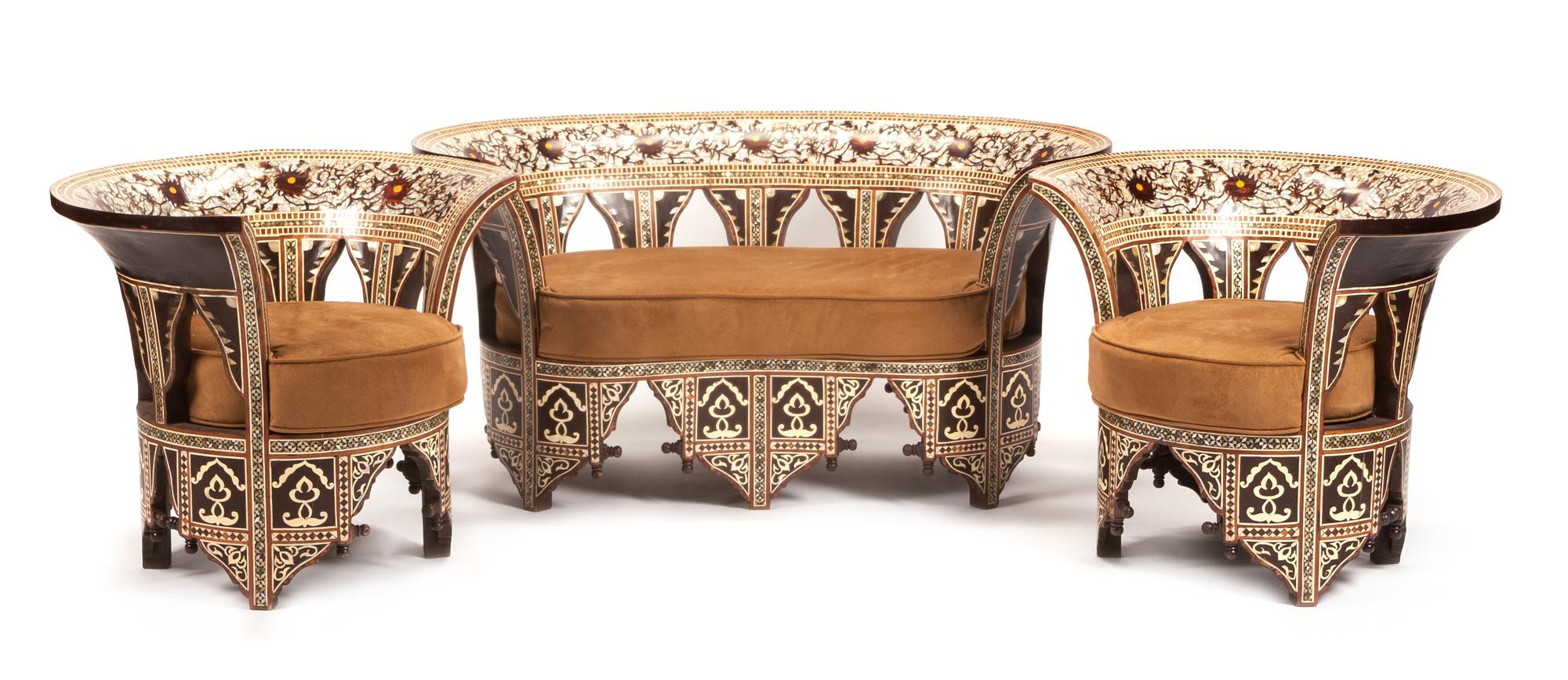 A Continental Mother-of-Pearl Inlaid Salon Suite Height of sofa 26 x width 51 x depth 27 inches.
