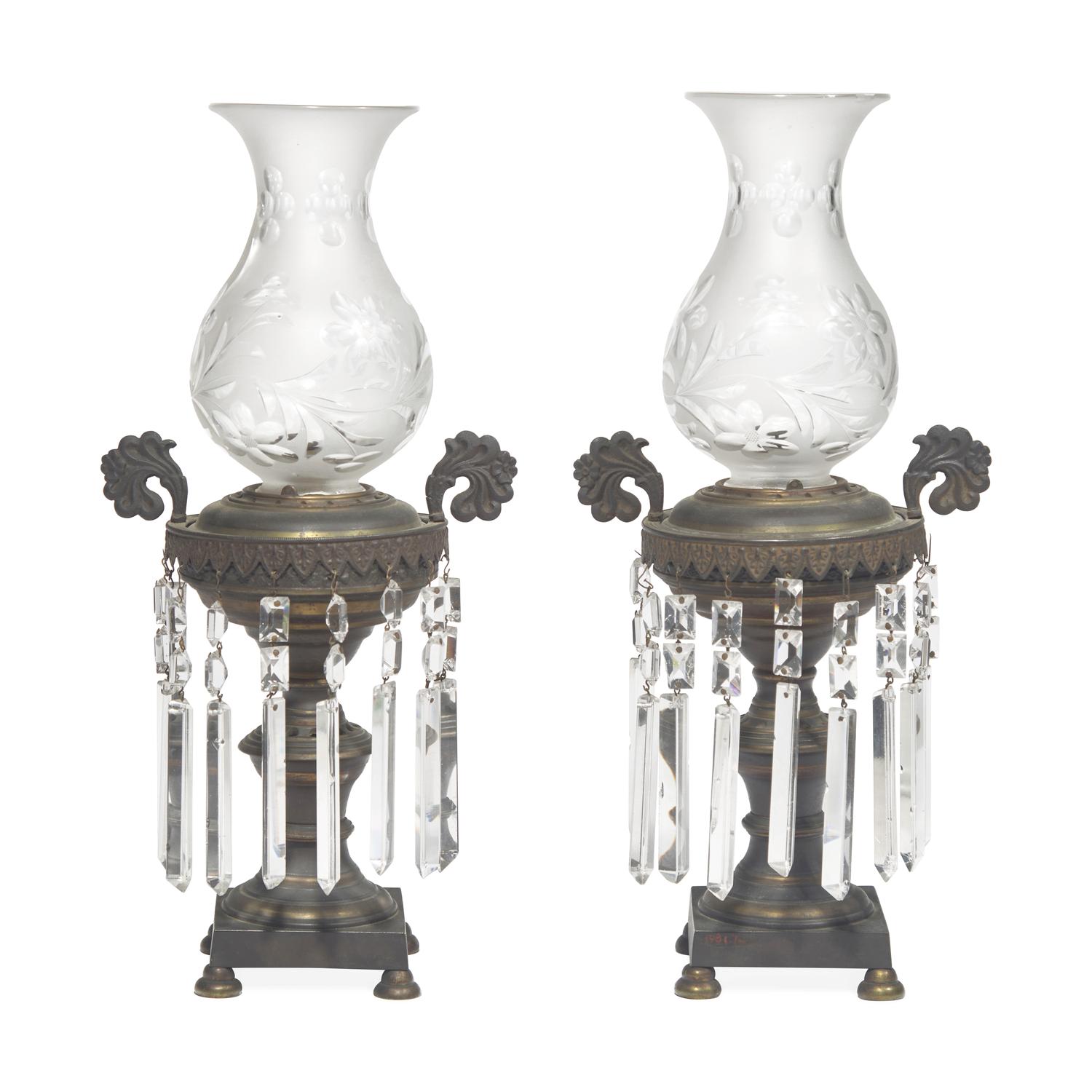 A Pair of Classical Anodized Bronze and Etched Glass Astral Lamps