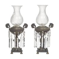 A Pair of Classical Anodized Bronze and Etched Glass Astral Lamps