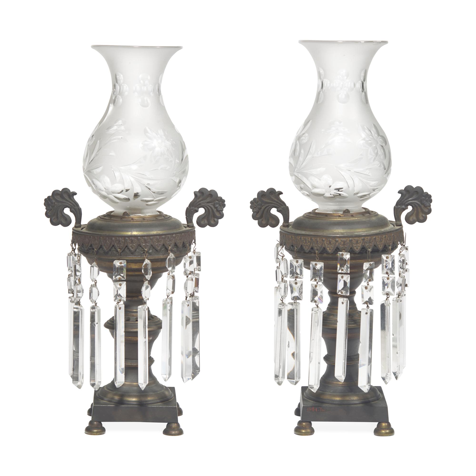 A Pair of Classical Anodized Bronze and Etched Glass Astral Lamps