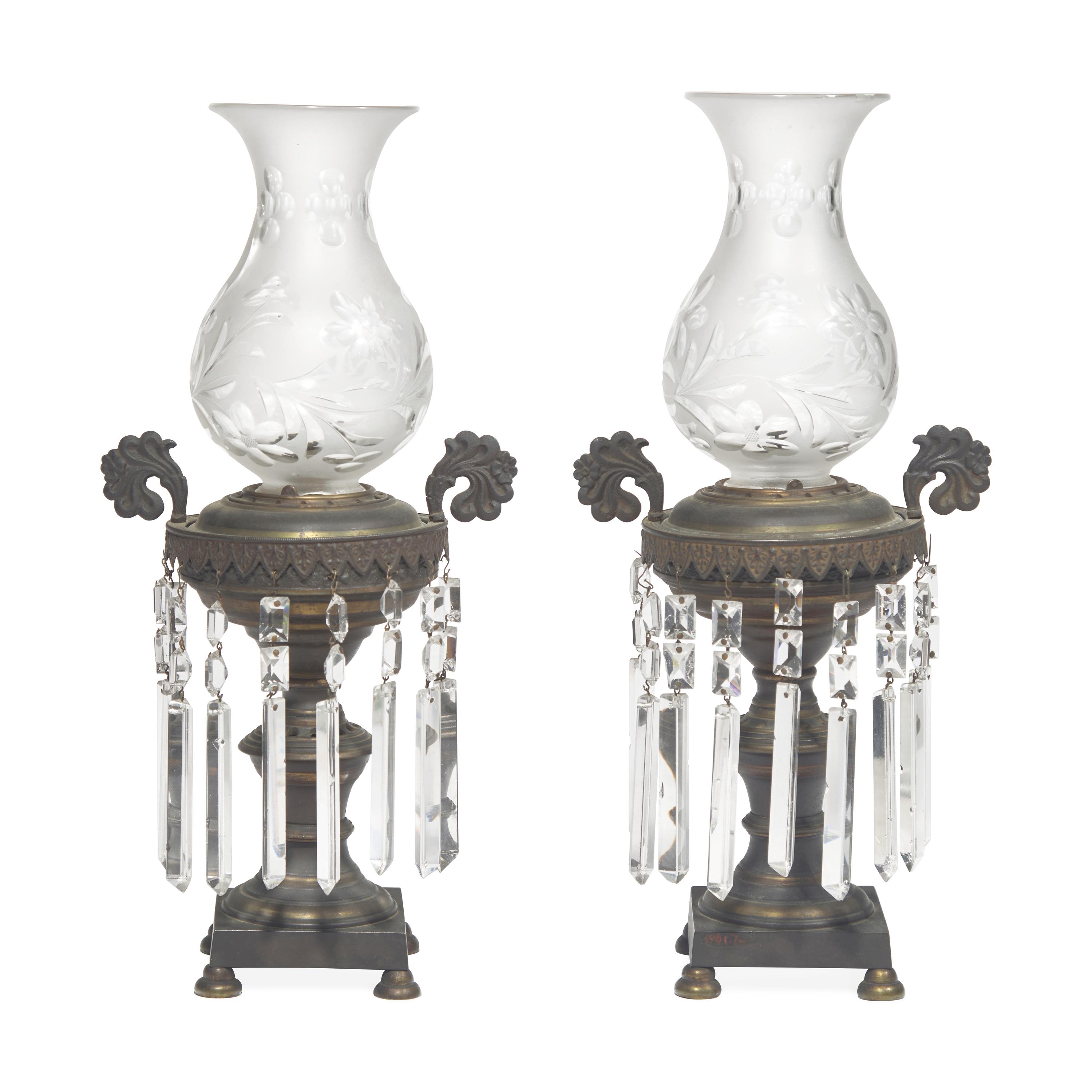 A Pair of Classical Anodized Bronze and Etched Glass Astral Lamps