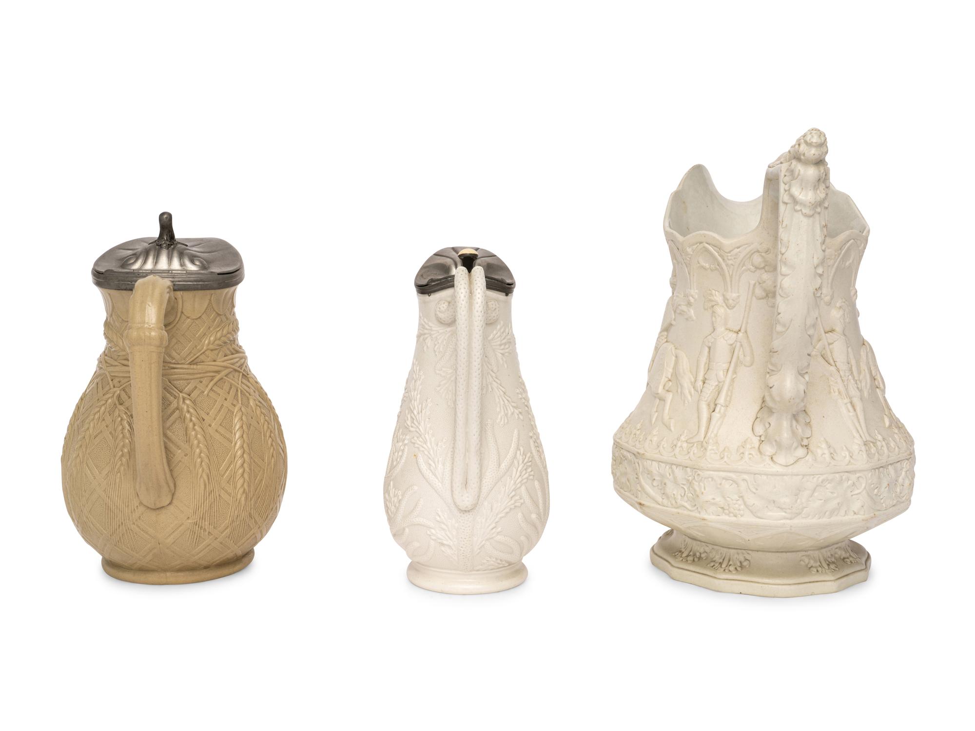 Three English Salt-Glazed Earthenware Pitchers