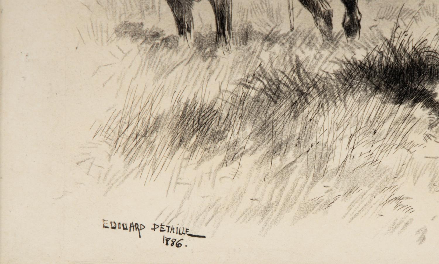 Edouard Jean Baptiste Detaille (French, 1848-1912) — Three Chasseurs with a Column of Lancers Passing Behind , 1886