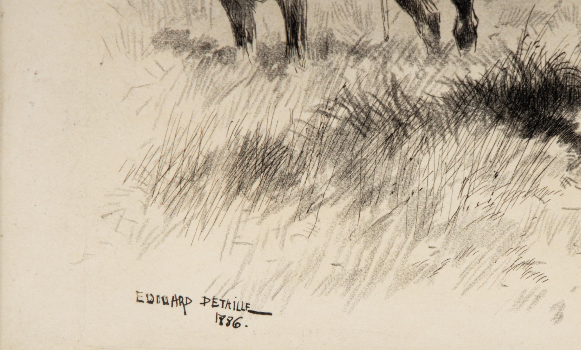 Edouard Jean Baptiste Detaille (French, 1848-1912) — Three Chasseurs with a Column of Lancers Passing Behind , 1886