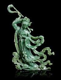 A Pair of Spinach Jade Figures of Birds Height of each 7 3/4 inches. — 20TH CENTURY