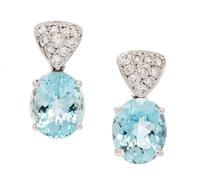 A Pair of 14 Karat White Gold, Diamond and Aquamarine Convertible Earrings, 4.00 dwts.