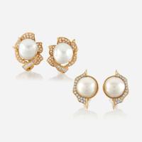 Two pairs of cultured pearl, diamond, and gold earrings