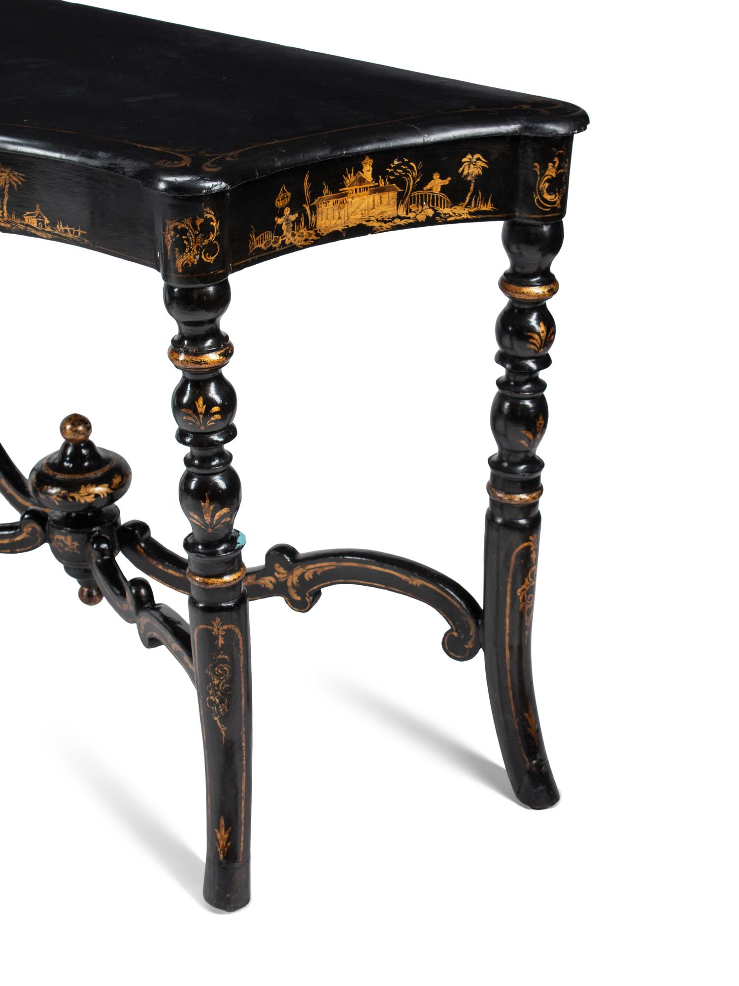 A Pair of English Black and Gilt-Japanned Console Tables