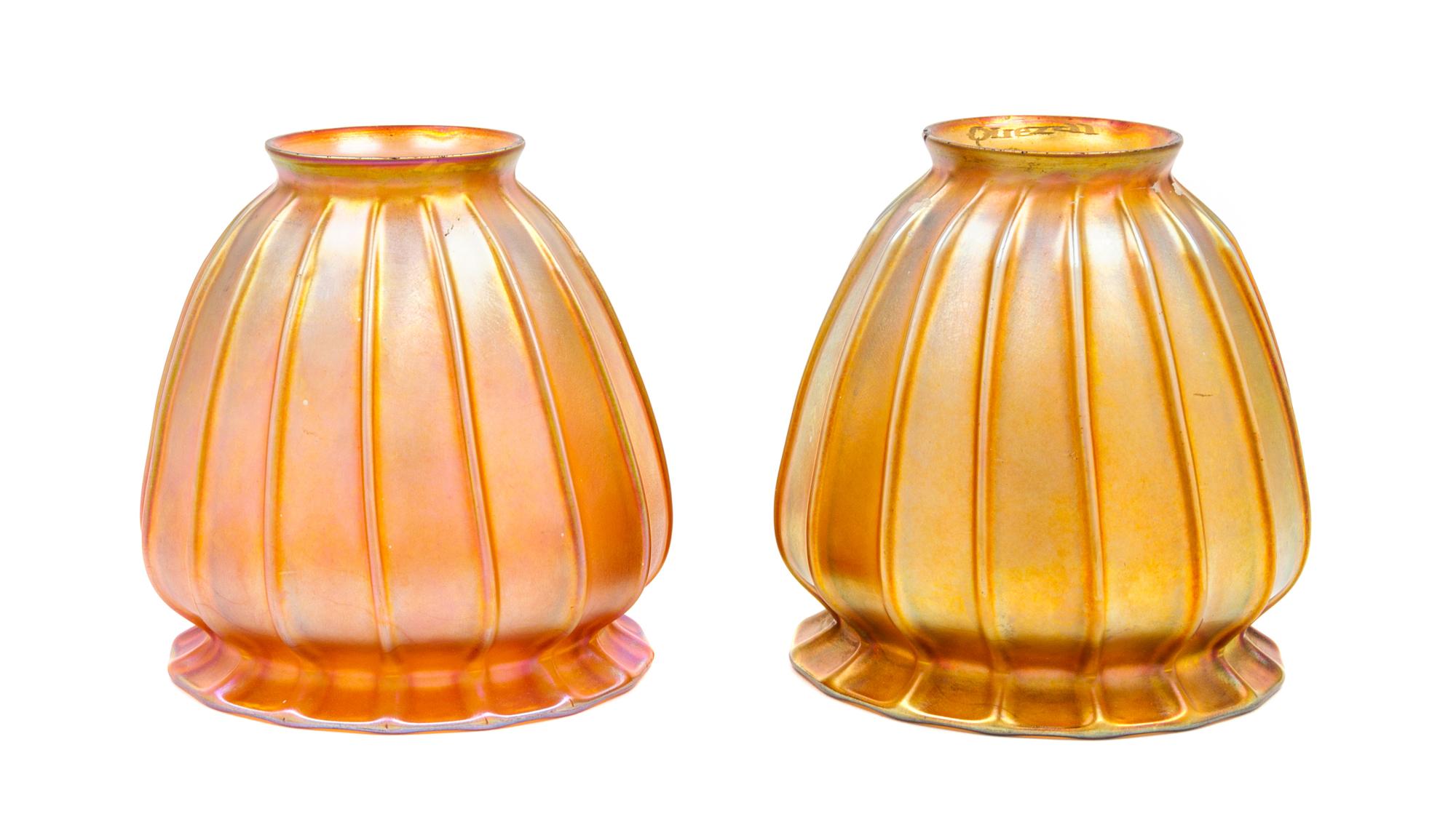 A Pair of Quezal Glass Shades Height 4 5/8 inches.