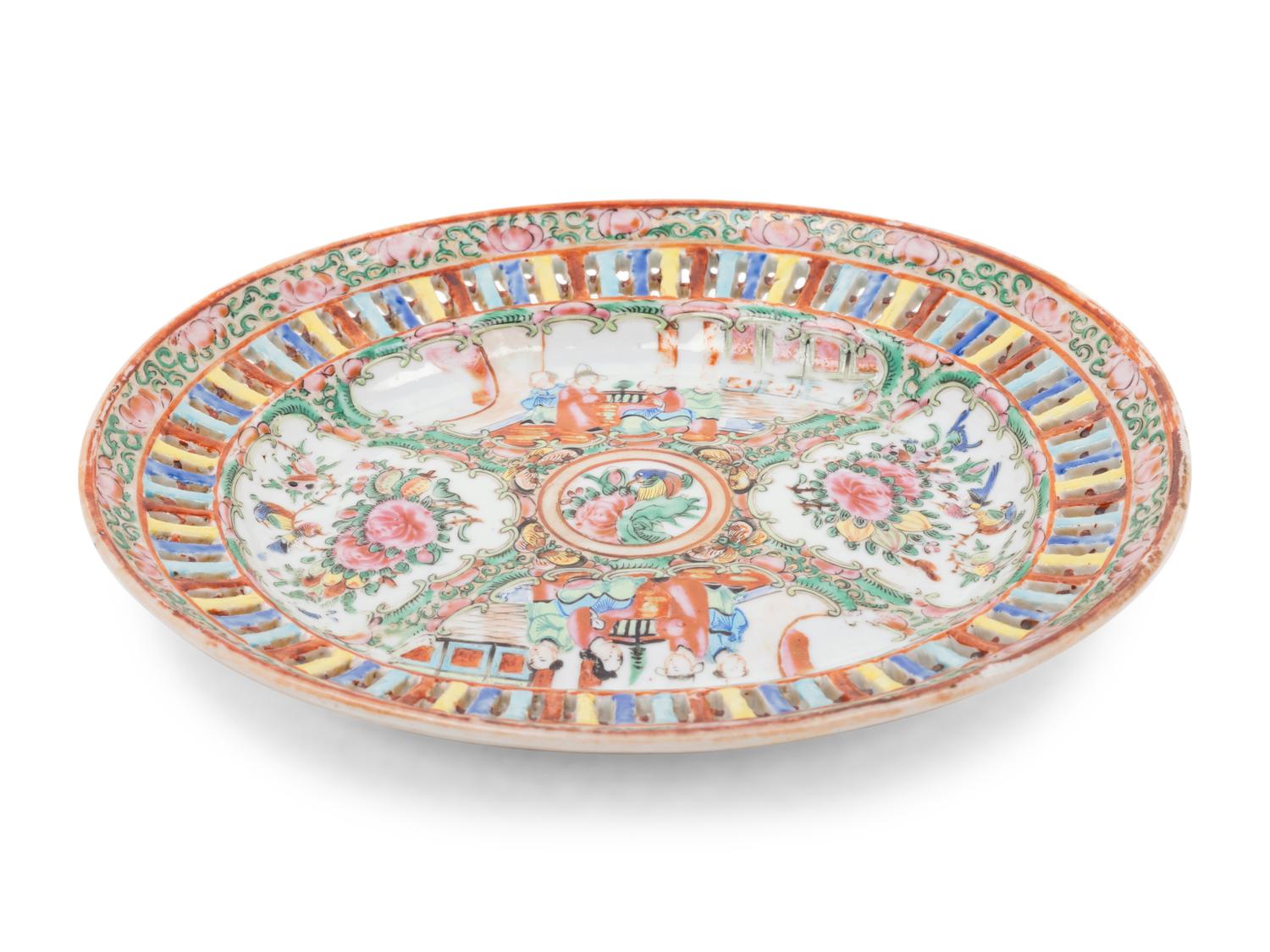 A Chinese Rose Medallion Reticulated Porcelain Basket and Underplate