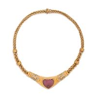 Yellow Gold, Pink Tourmaline, and Diamond Heart Necklace