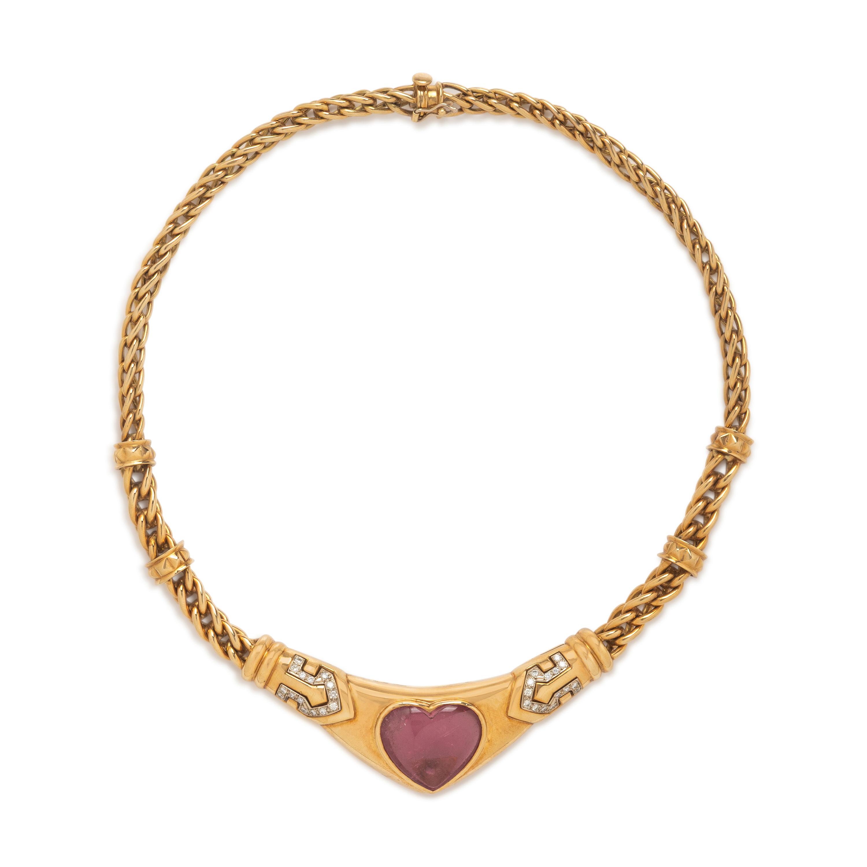 Yellow Gold, Pink Tourmaline, and Diamond Heart Necklace