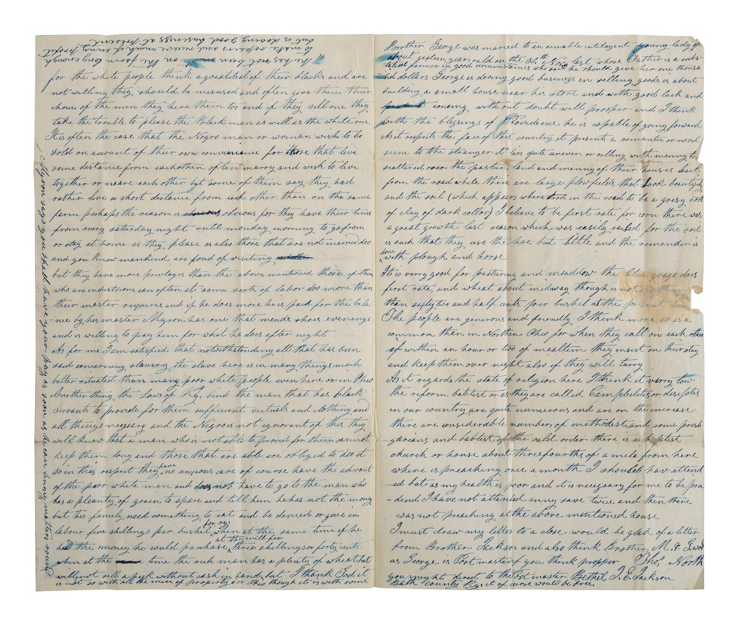 [SLAVERY & ABOLITION]. NORTH, Thomas. Autograph letter signed ("Thos. North"). Bethel, KY, 8 February 1844. Extensive discussion of Ohio abolitionists and enslavement in Kentucky.