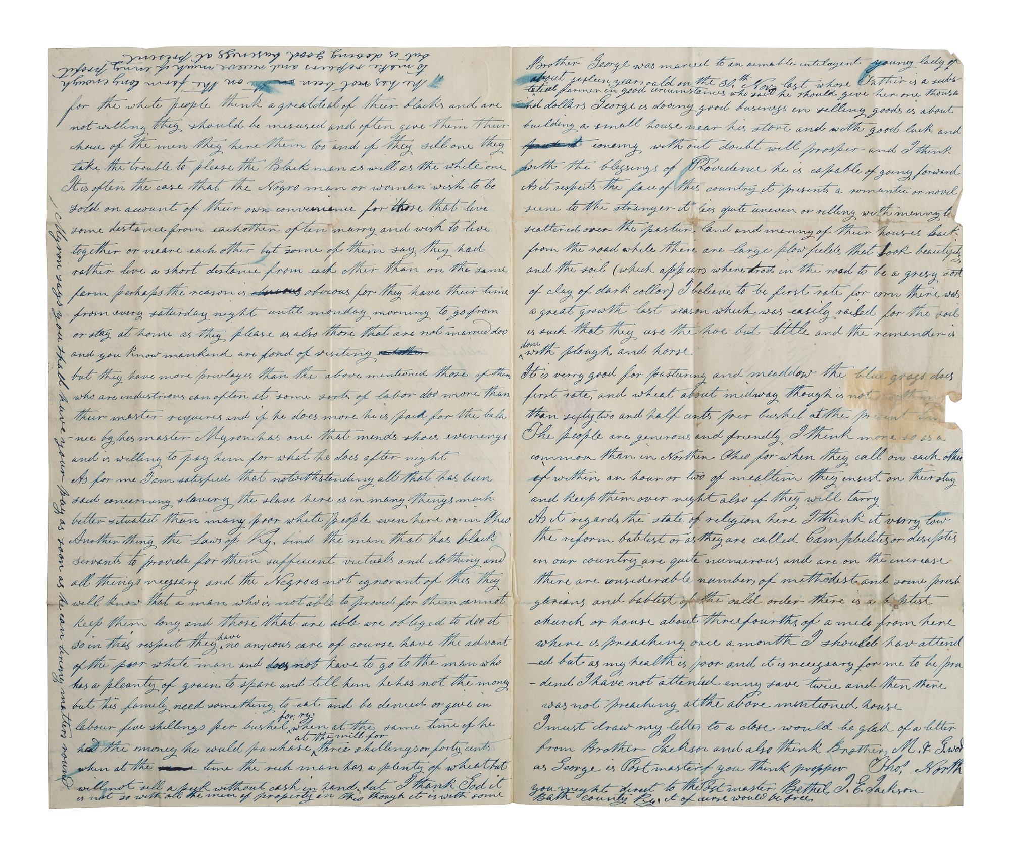 [SLAVERY & ABOLITION]. NORTH, Thomas. Autograph letter signed ("Thos. North"). Bethel, KY, 8 February 1844. Extensive discussion of Ohio abolitionists and enslavement in Kentucky.