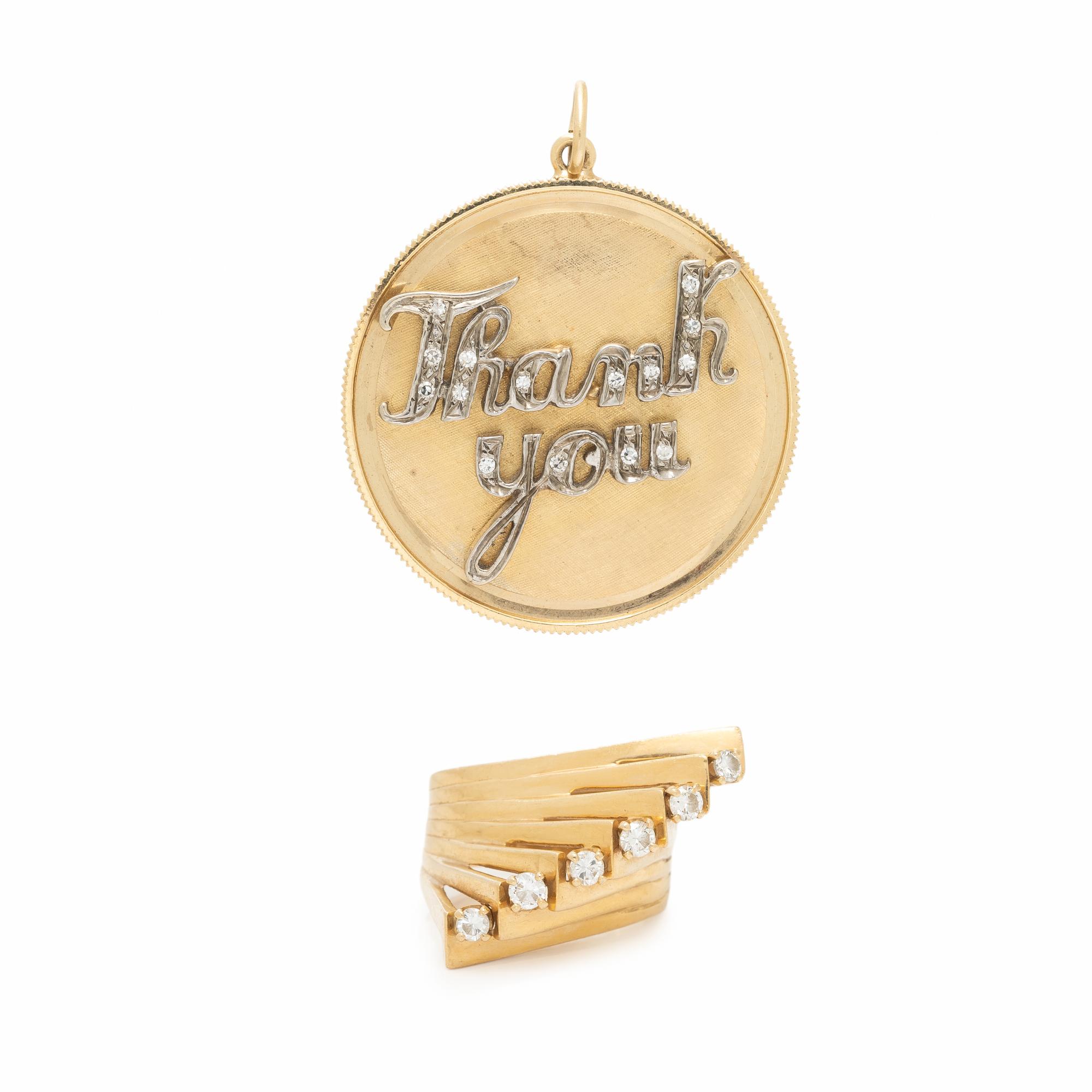 YELLOW GOLD AND DIAMOND 'THANK YOU' CHARM AND RING