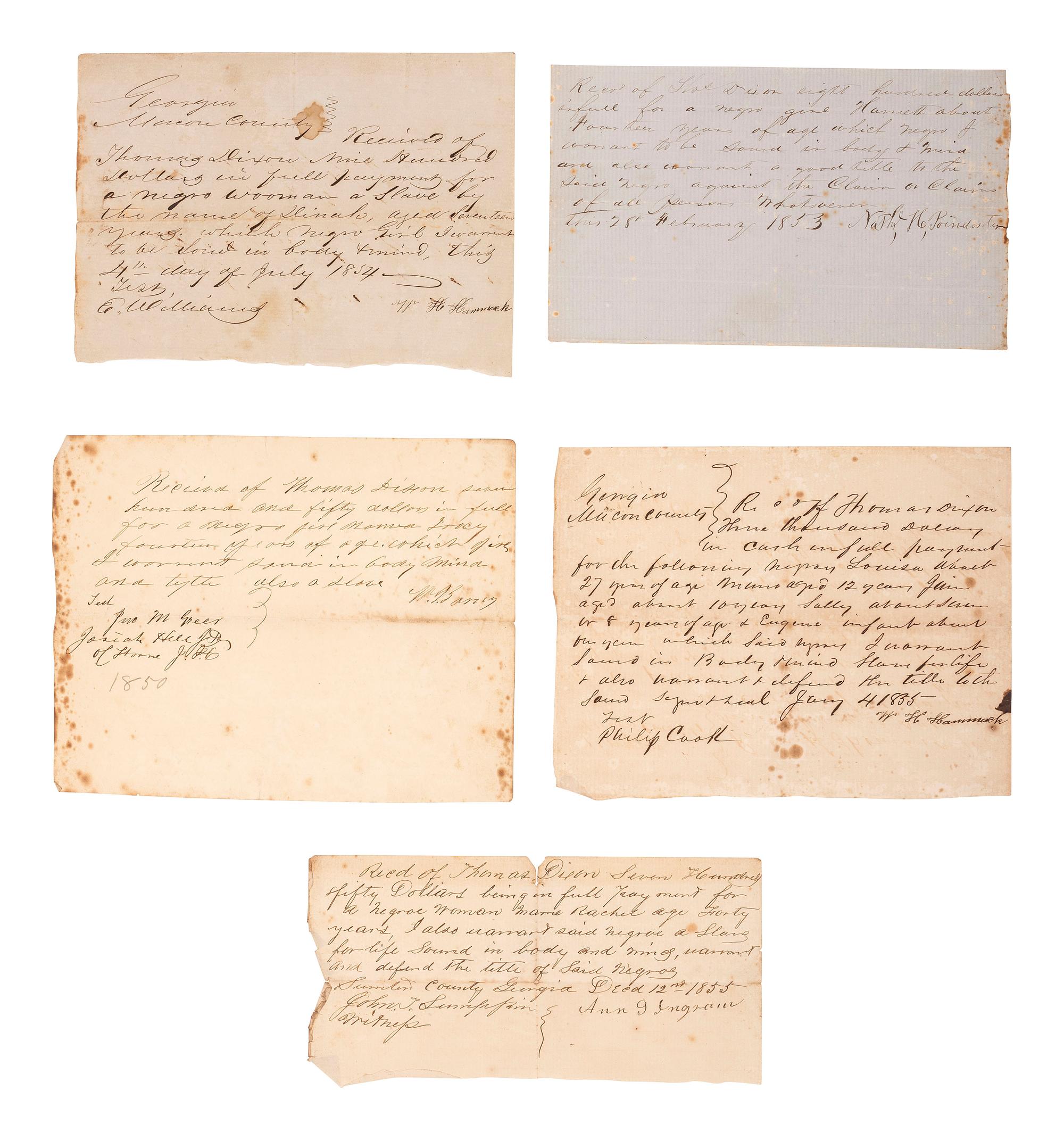[SLAVERY & ABOLITION]. Bills of sale for African Americans enslaved by Thomas Dixon (1815-1879), Sheriff of Macon County, Georgia.