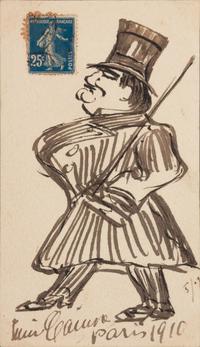 CARUSO, Enrico (1873-1921). Original drawing, self portrait in full-length caricature, in pen and ink, on a stamped postcard, signed and dated lower margin ("Enrico Caruso Paris 1910").