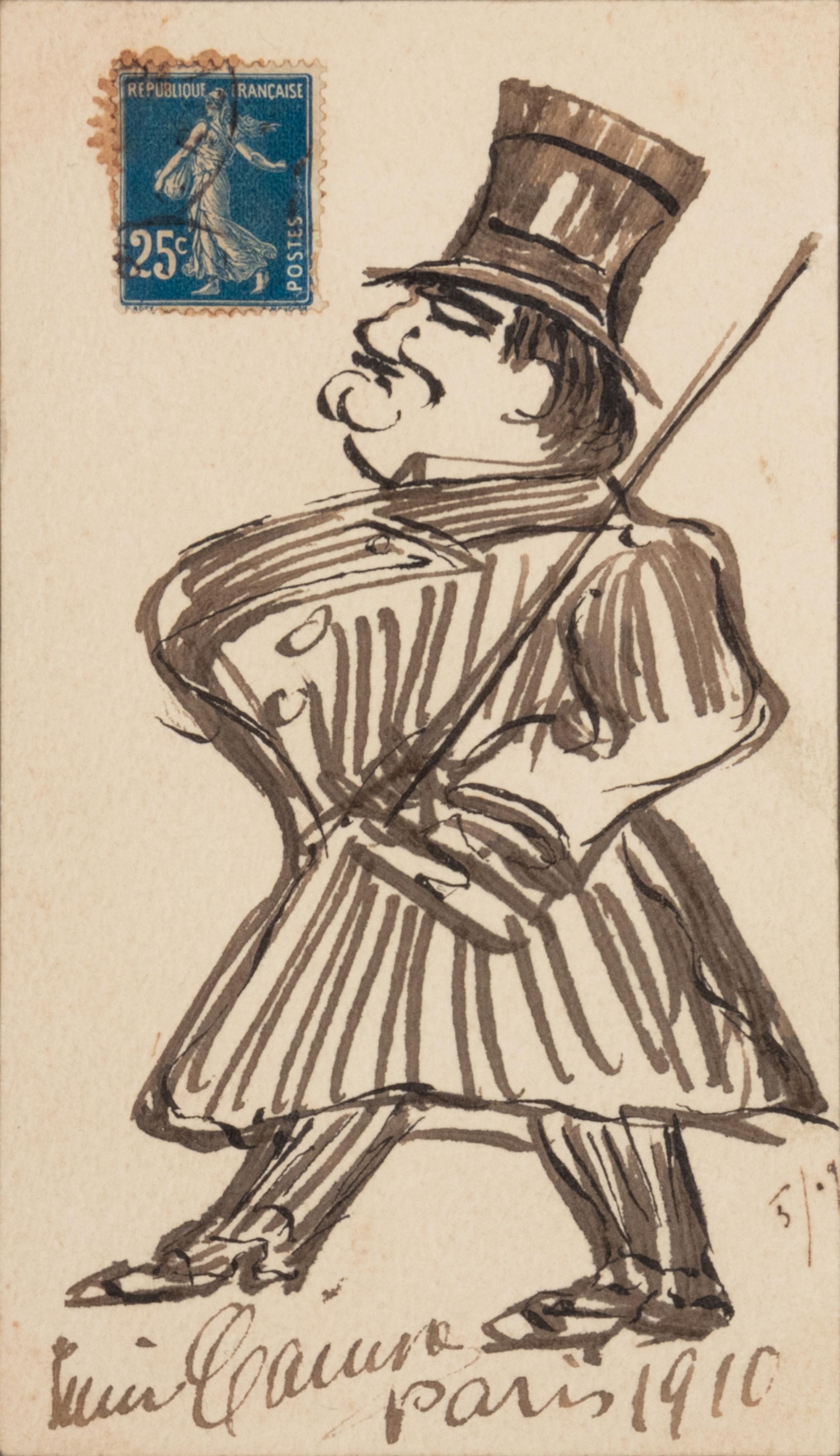 CARUSO, Enrico (1873-1921). Original drawing, self portrait in full-length caricature, in pen and ink, on a stamped postcard, signed and dated lower margin ("Enrico Caruso Paris 1910").