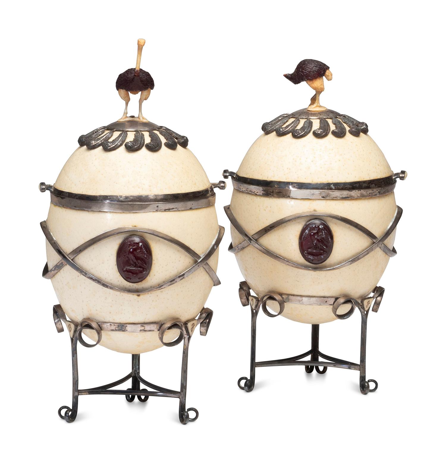 Two Silver-Mounted Ostrich Eggs