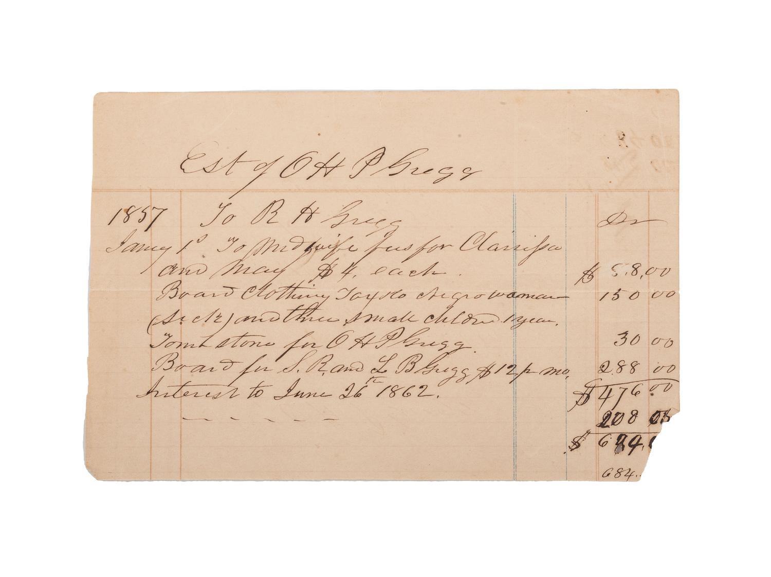 [SLAVERY & ABOLITION]. Manuscript receipt for the care of sick Negroes. N.p., 26 June 1862.