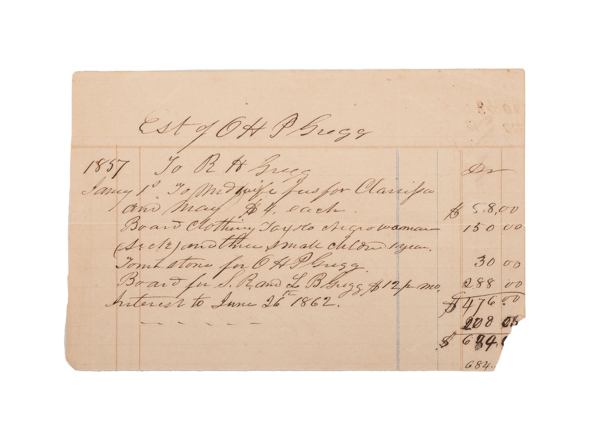 [SLAVERY & ABOLITION]. Manuscript receipt for the care of sick Negroes. N.p., 26 June 1862.