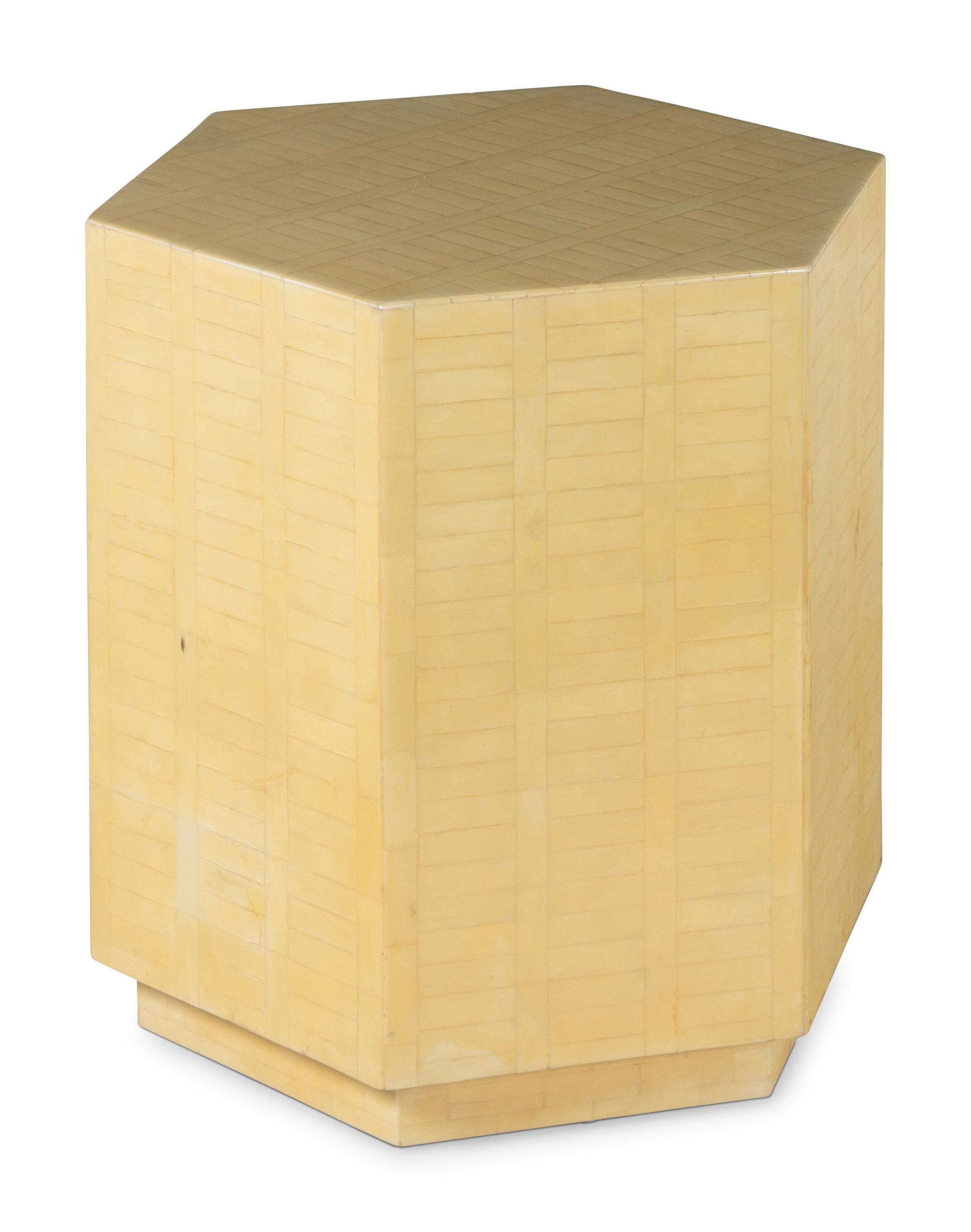 A Hexagonal Faux Bone-Veneered Pedestal Table in the Style of Karl Springer