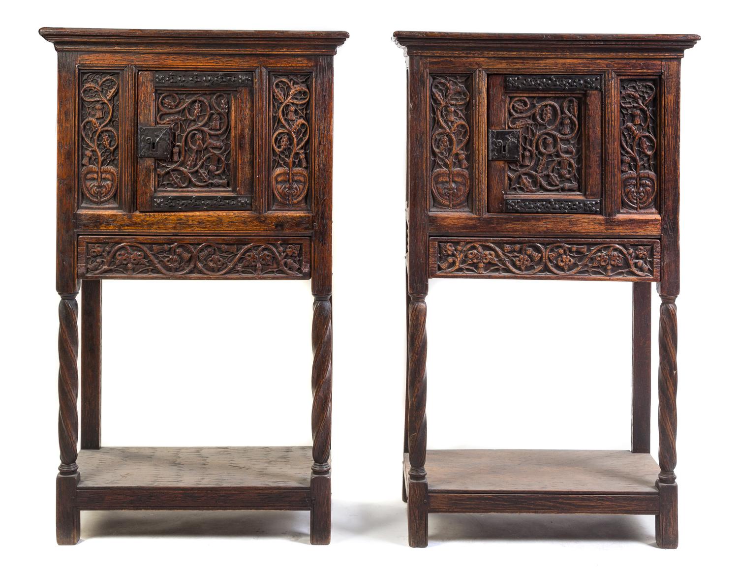 A Pair of Gothic Style Oak Cabinets Height 60 x width 34 1/2 x depth 17 inches. — 20TH CENTURY