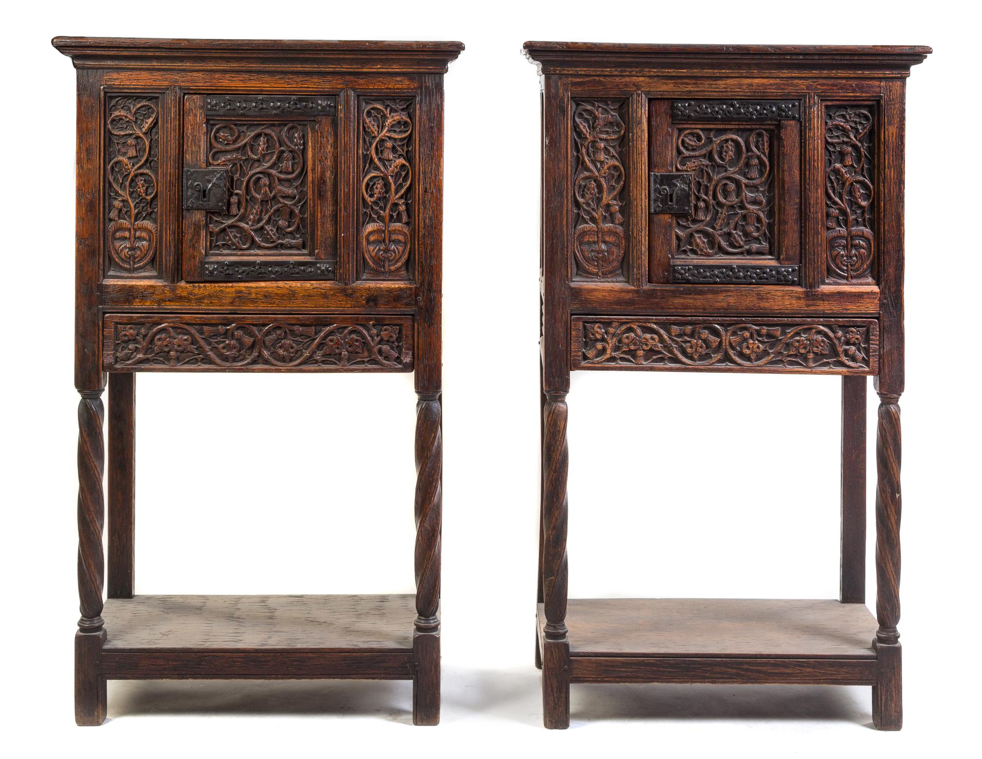 A Pair of Gothic Style Oak Cabinets Height 60 x width 34 1/2 x depth 17 inches. — 20TH CENTURY