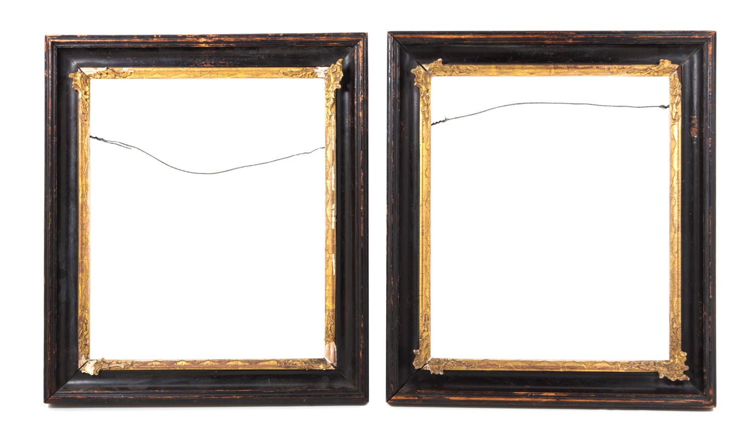 A Pair of Continental Black Painted and Parcel Gilt Frames Height 17 x width 15 inches. — LATE 18TH CENTURY