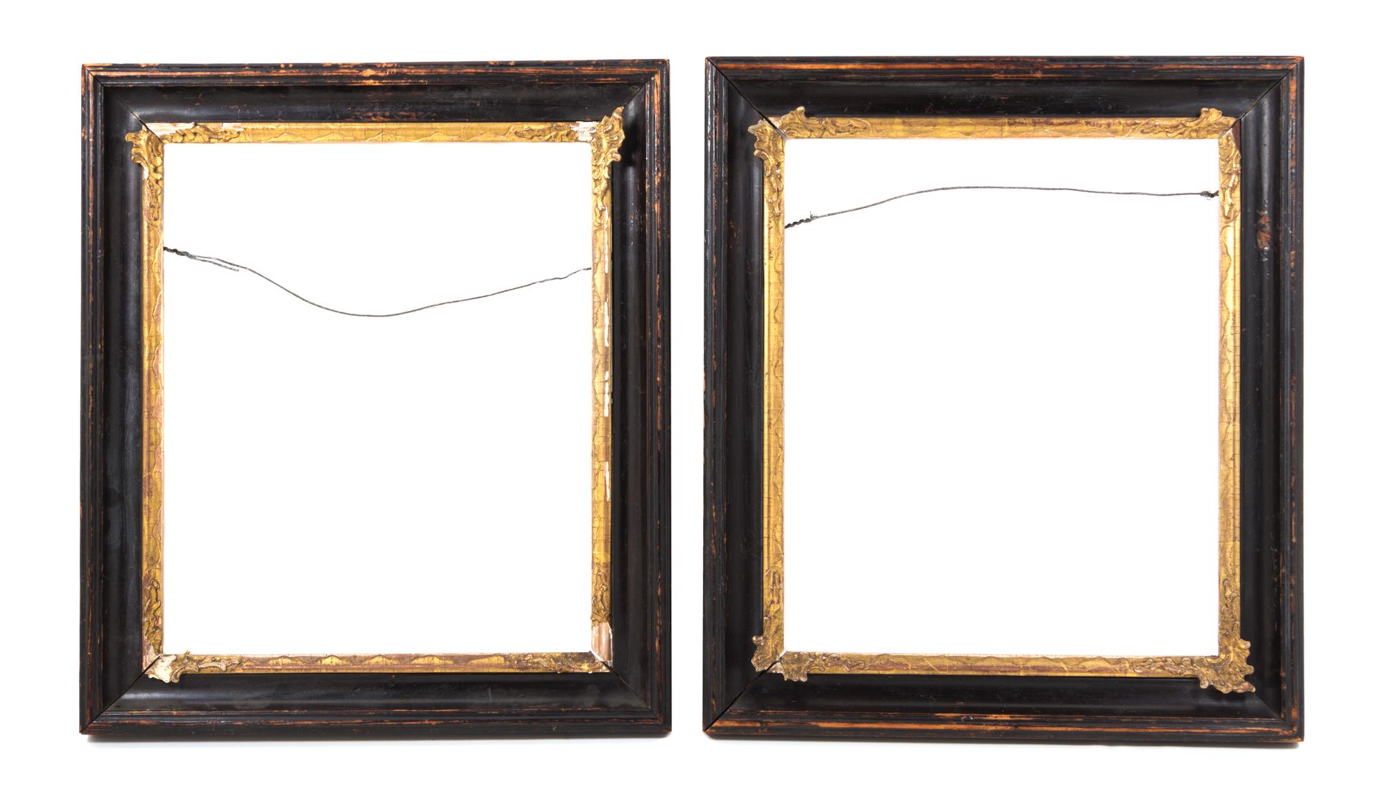 A Pair of Continental Black Painted and Parcel Gilt Frames Height 17 x width 15 inches. — LATE 18TH CENTURY