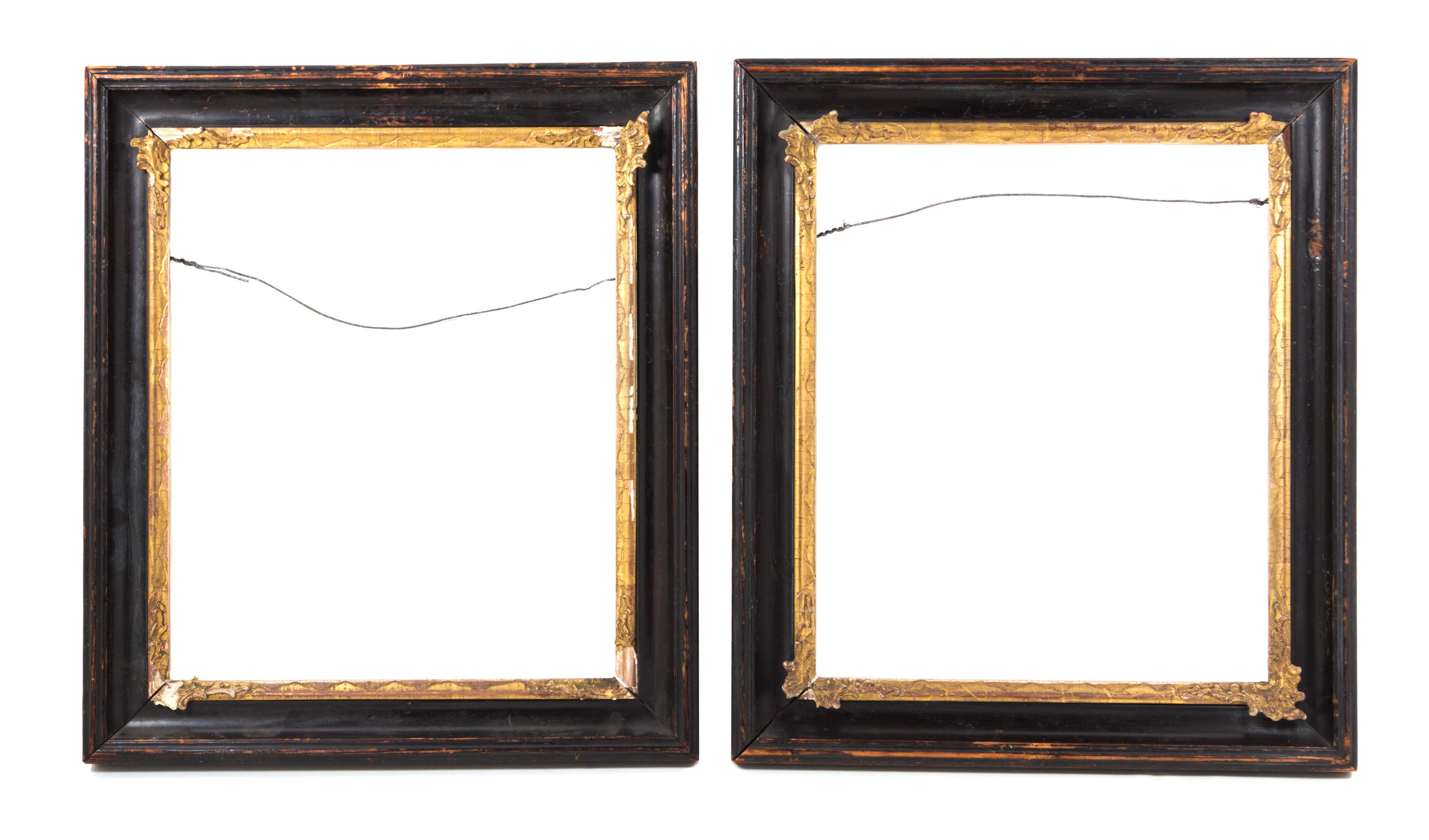 A Pair of Continental Black Painted and Parcel Gilt Frames Height 17 x width 15 inches. — LATE 18TH CENTURY