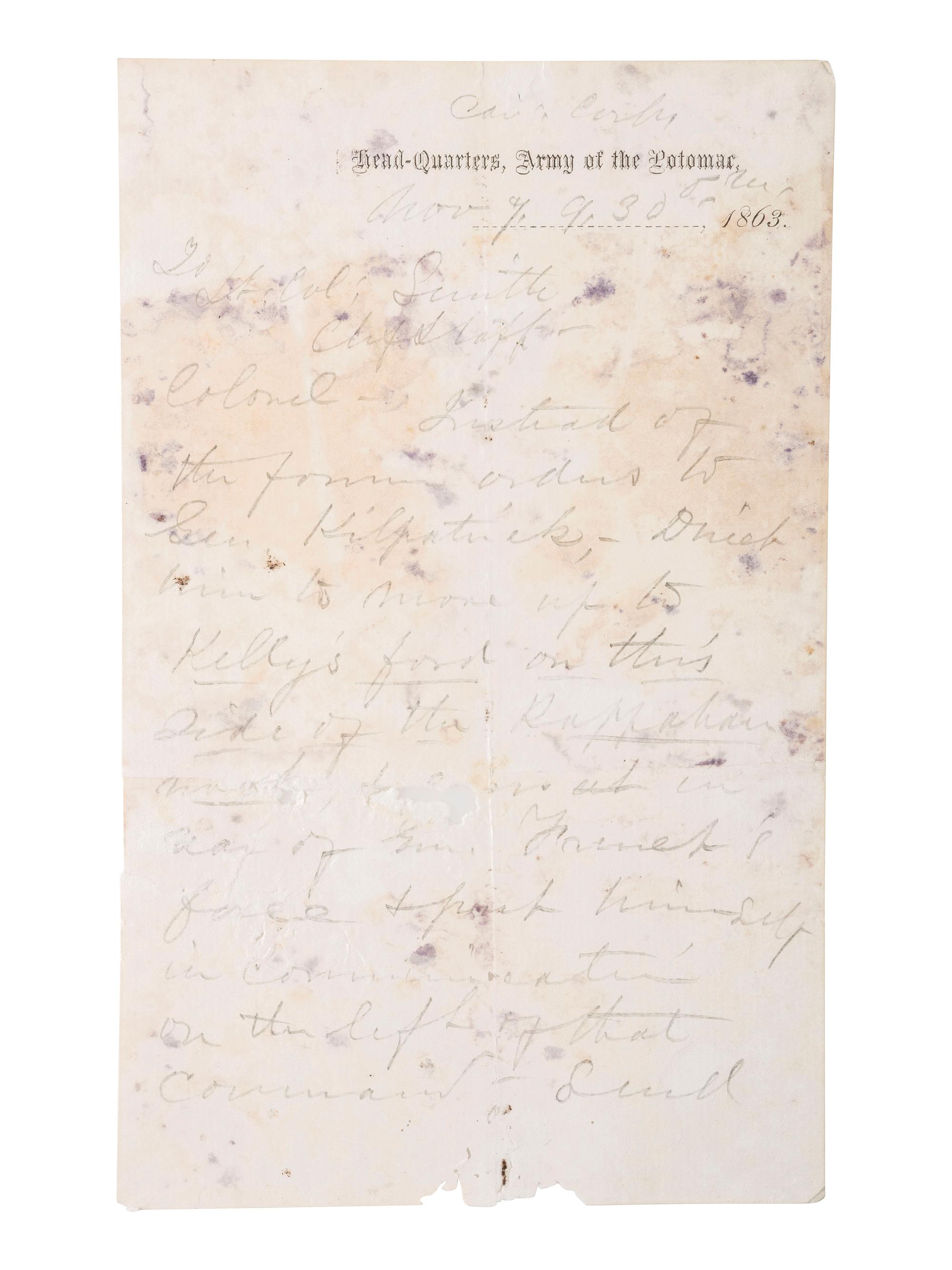 [CIVIL WAR]. PLEASONTON, Alfred. ALS as Major General, to Lt. Col. Smith. Headquarters, Army of the Potomac, 7 November 1863, regarding movements affecting the Union victory at Rappahannock Station.