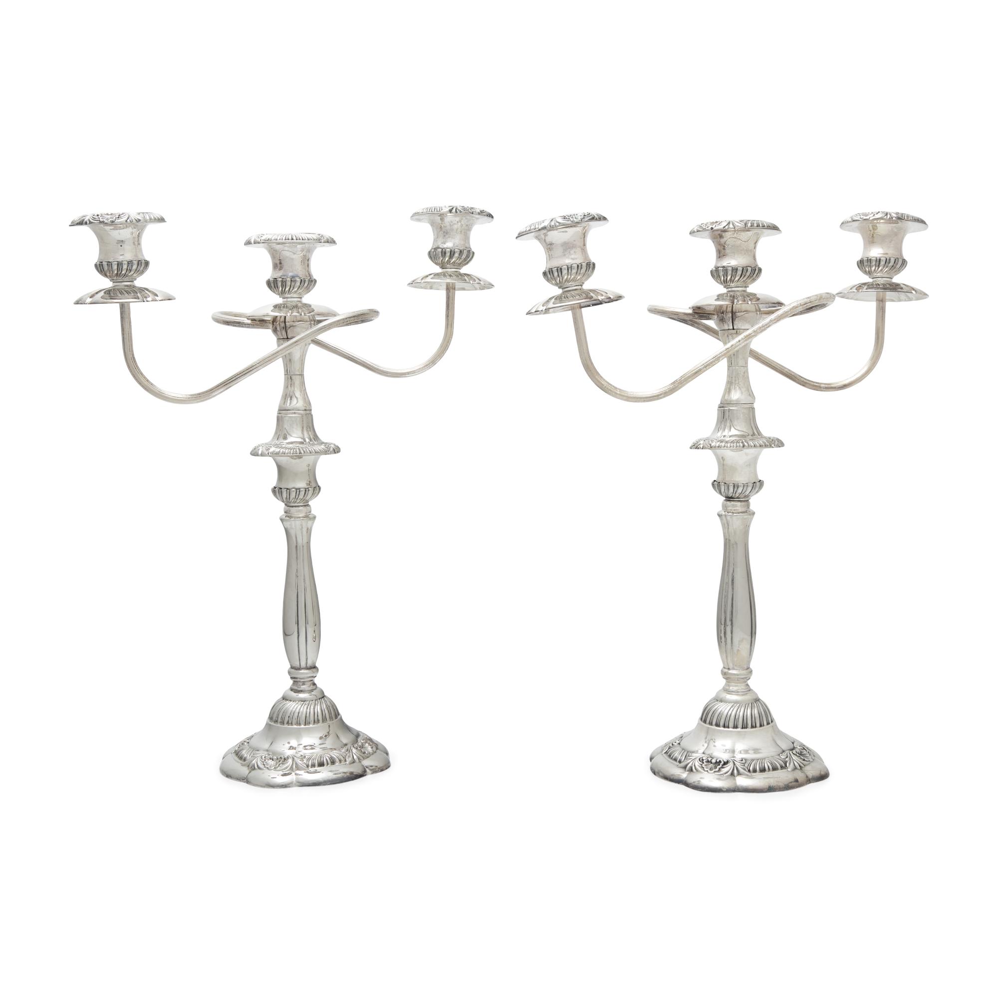 A Pair of Italian Silver-Plate Three-Light Candelabra