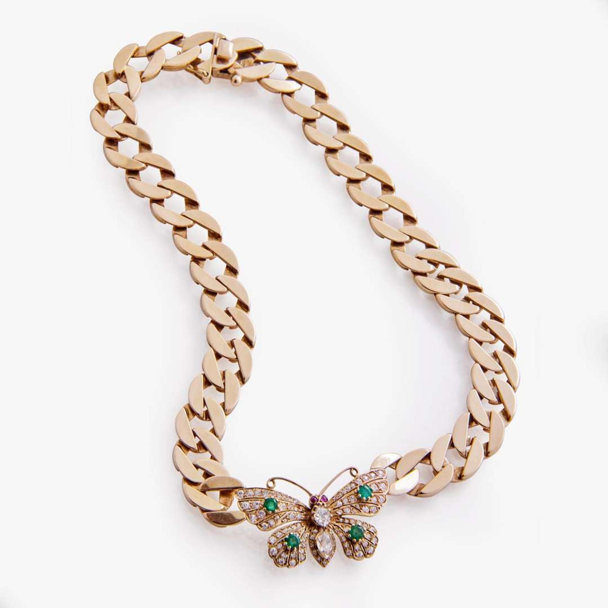 A 14K Yellow Gold and Gemstone Butterfly Necklace