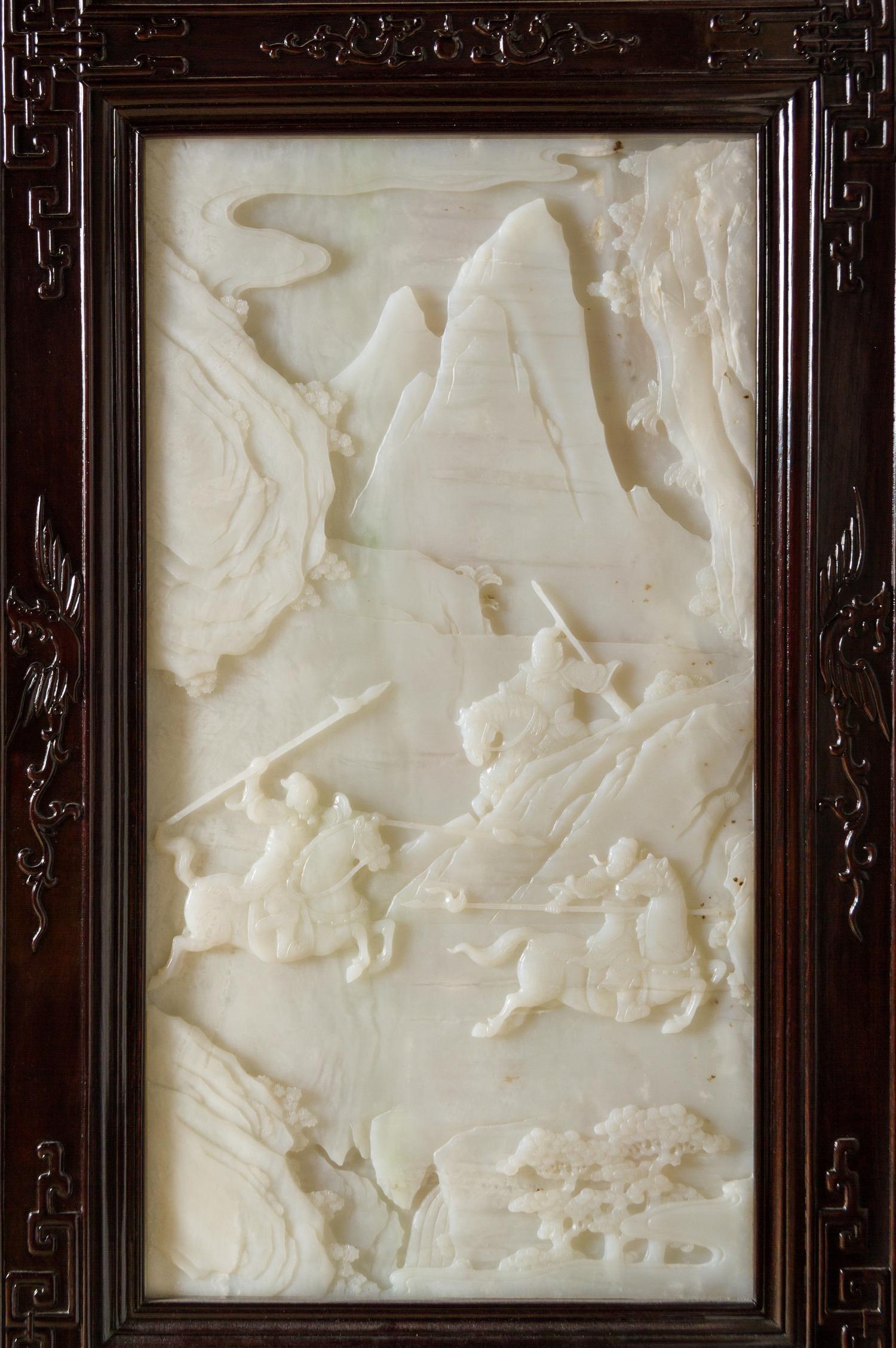 A Chinese White Jade Inset Rosewood Six-Panel Floor Screen 20TH CENTURY Height 77 1/4 x width 17 3/8 inches. — 20TH CENTURY