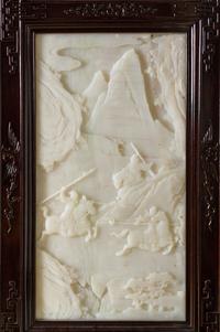 A Chinese White Jade Inset Rosewood Six-Panel Floor Screen 20TH CENTURY Height 77 1/4 x width 17 3/8 inches. — 20TH CENTURY