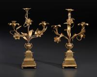 A Pair of Louis XVI Style Bronze Three-Light Candelabra