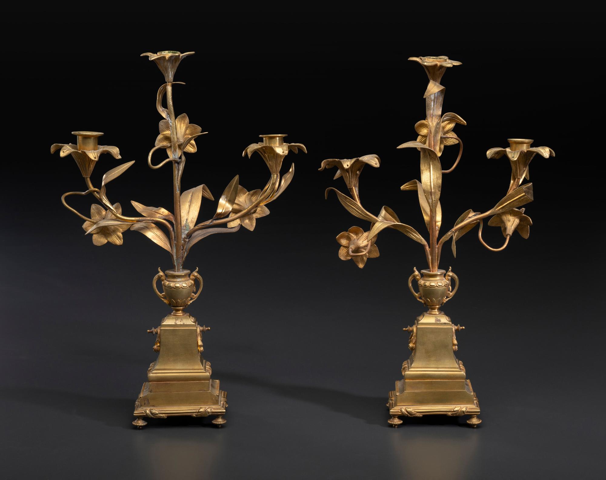 A Pair of Louis XVI Style Bronze Three-Light Candelabra