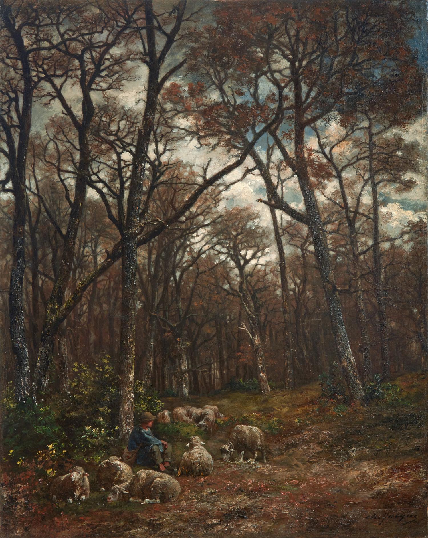 Shepherd and Flock in a Moonlit Forest