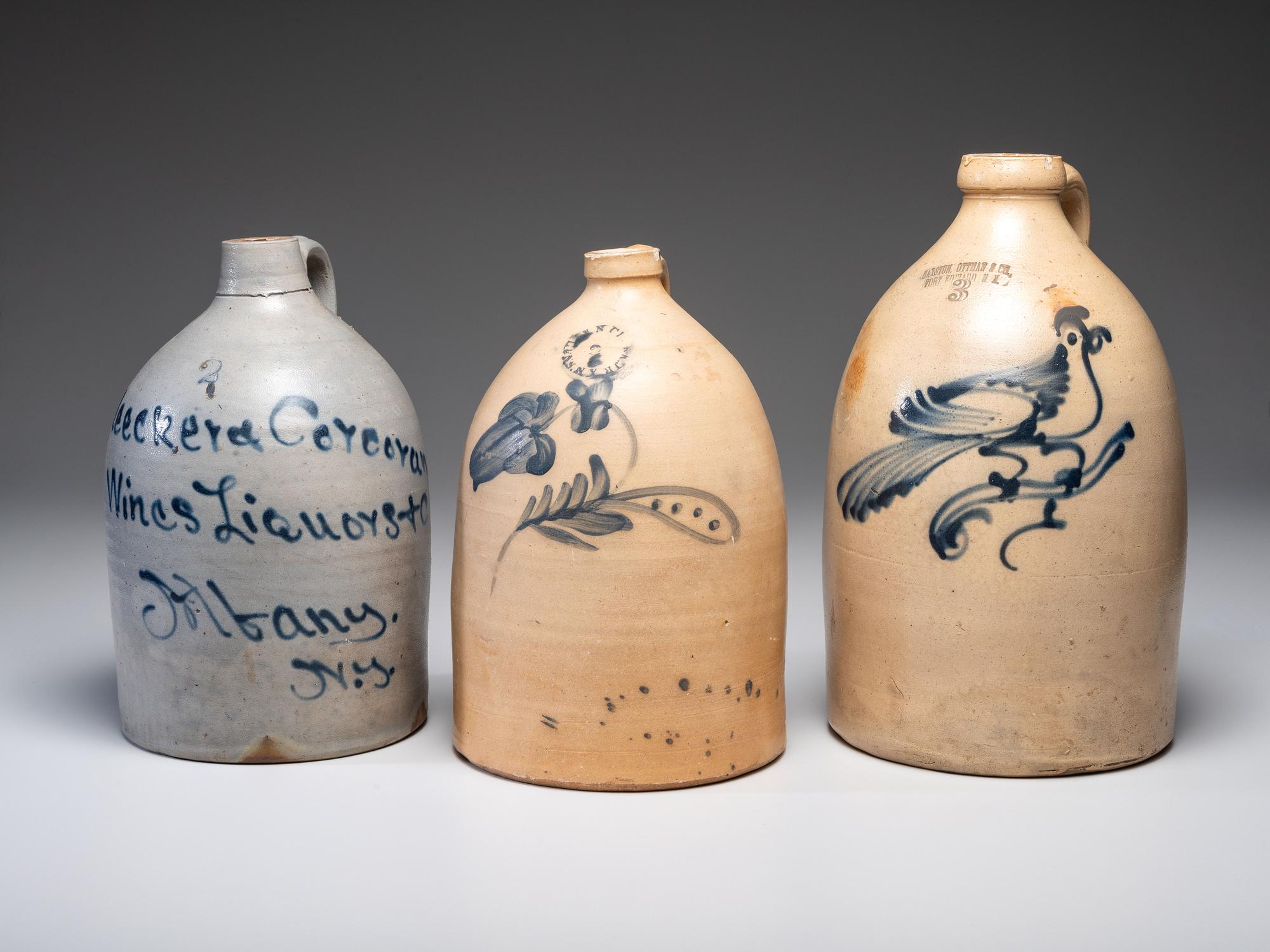 Three Cobalt Decorated Stoneware Jugs