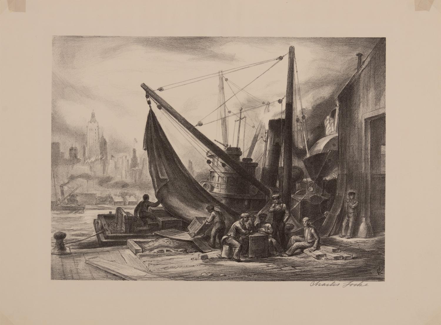 A group of five American prints (Max Arthur Cohn, Fisherman ; Steven Dohanos, The Postman ; Mina Benz Hoffman, The Immigrant ; Charles Wheele Locke, Brooklyn Wharf ; Ethel Magafan, Clothesline )