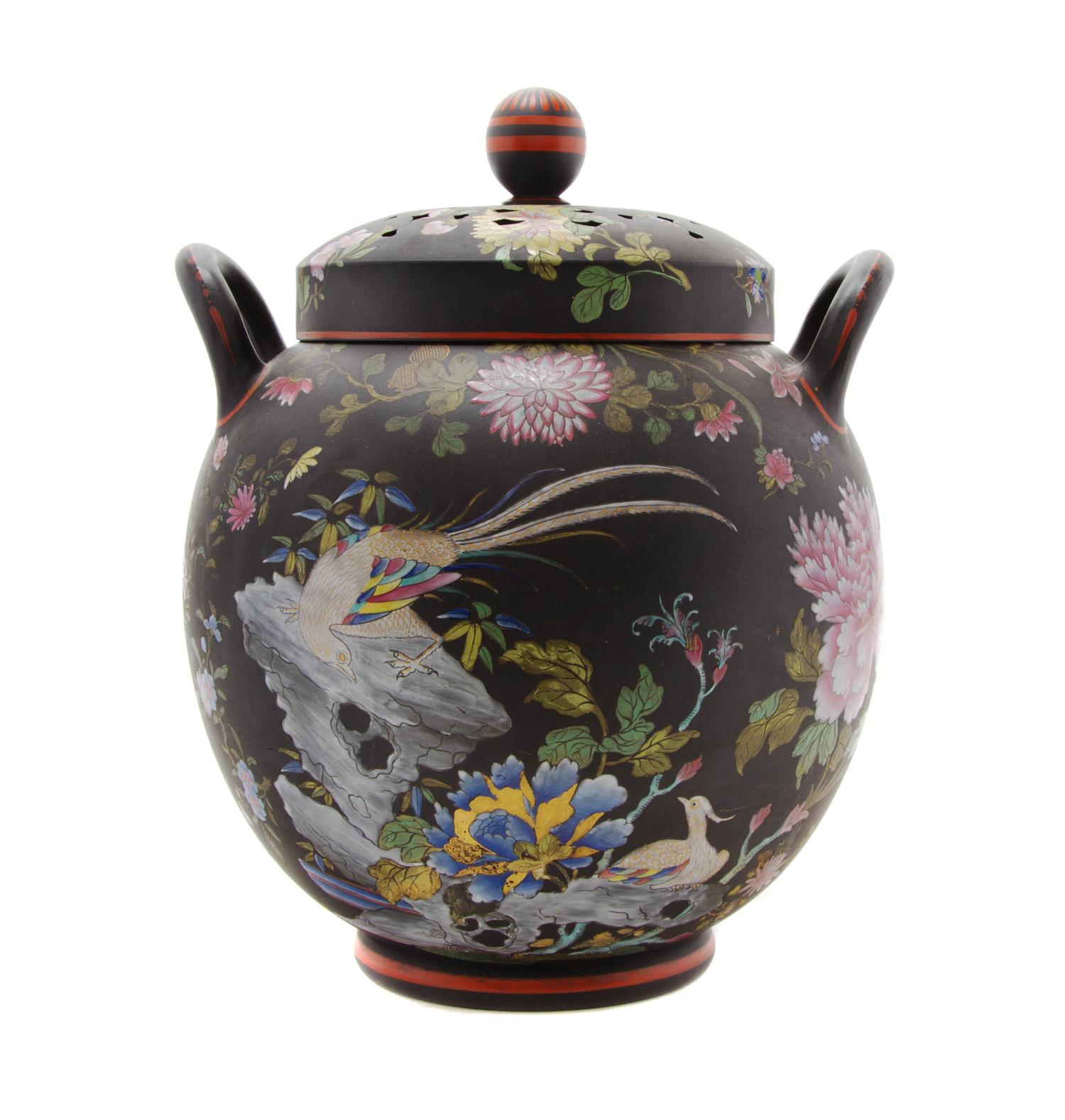 A Wedgwood Polychrome Decorated Basalt Potpourri Vase, Height 11 1/2 inches.