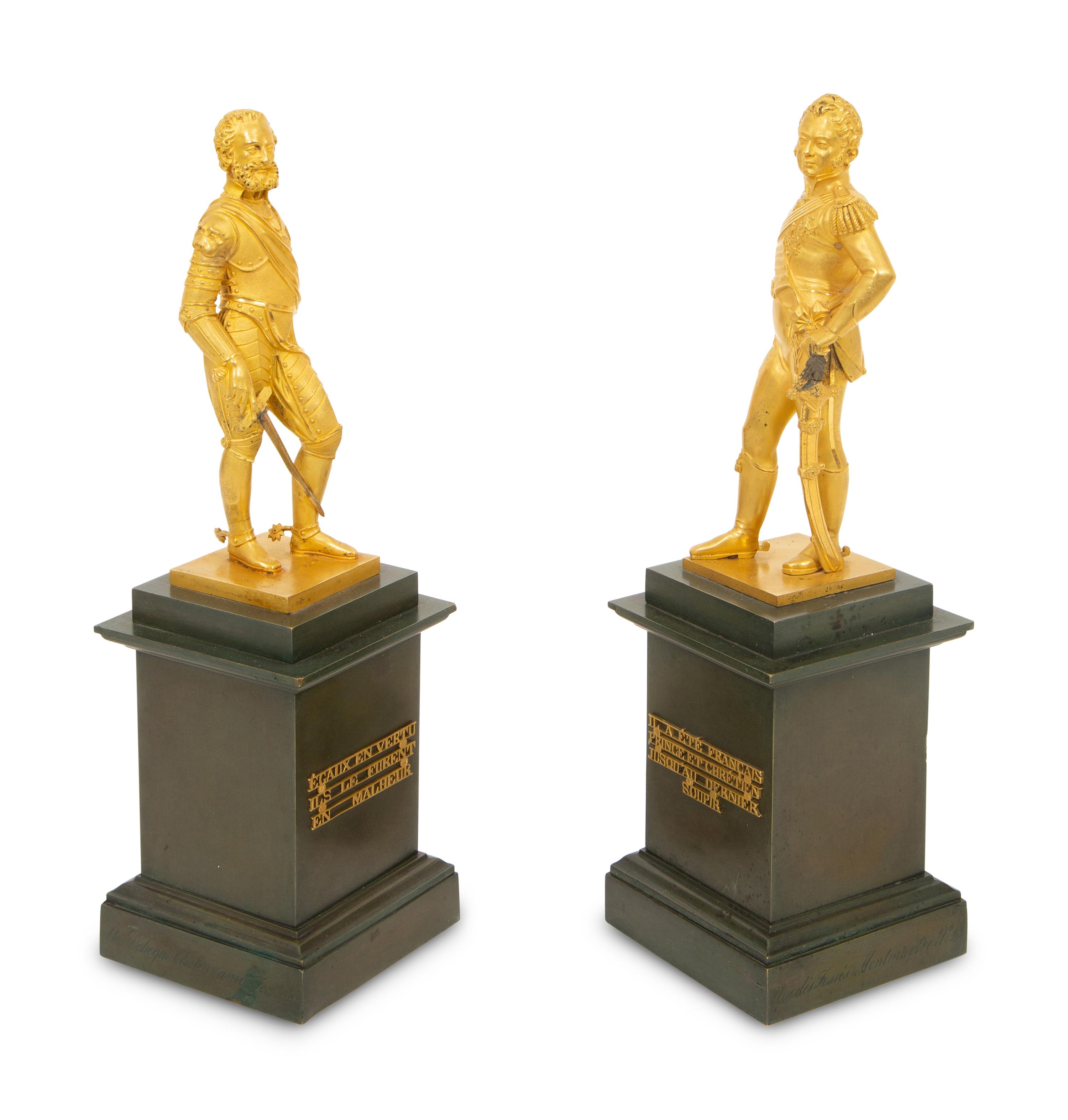A Pair of French Gilt and Patinated Bronze Figures of Henri IV and Duc de Berry