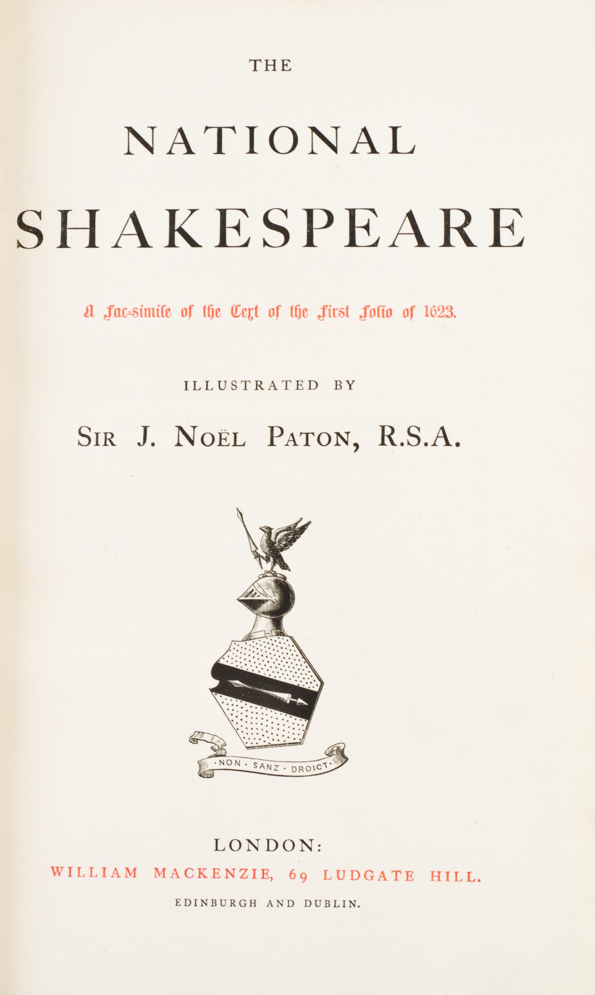SHAKESPEARE, WILLIAM. The National Shakespeare. A Facsimile of the Text of the First Folio of 1623. London, [c. 1888] 3 vols.